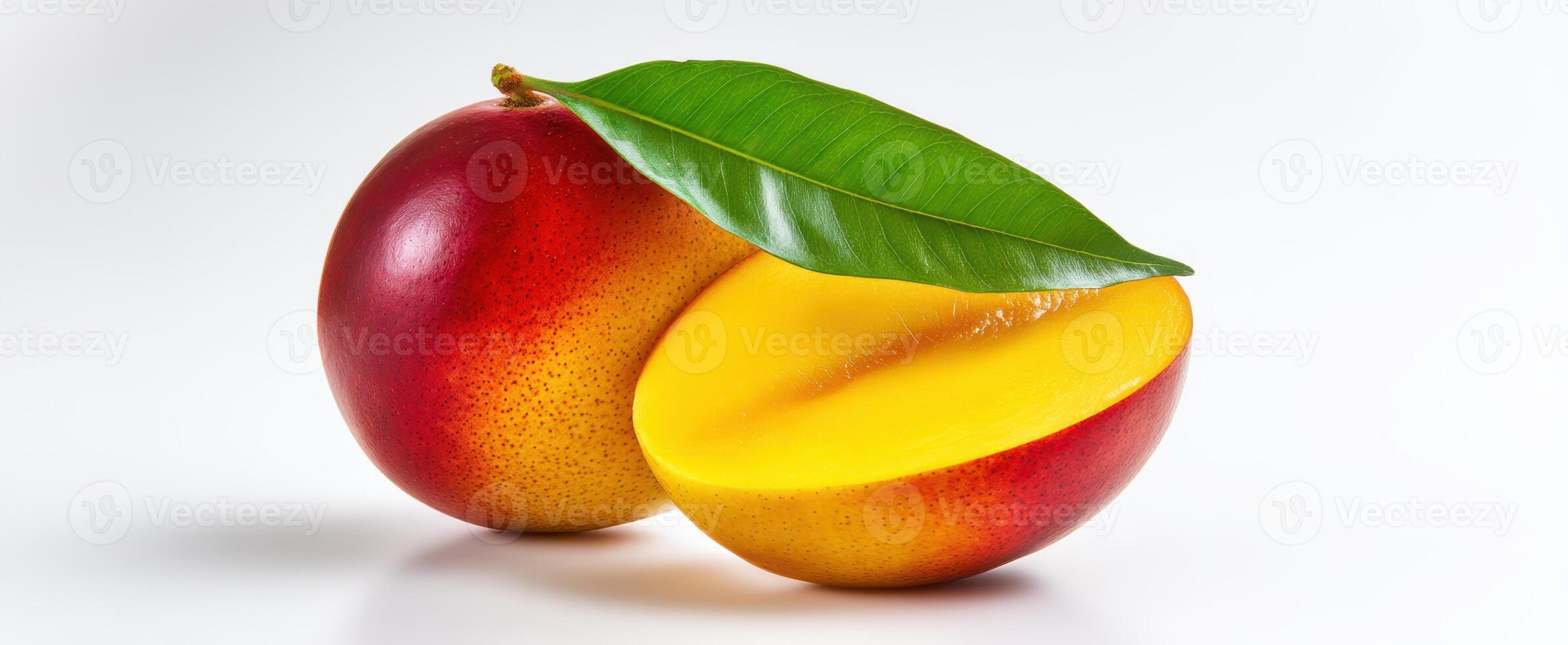 The Fresh Mango with a Leaf Showcasing Vibrant Colors and Delicious Interior photo