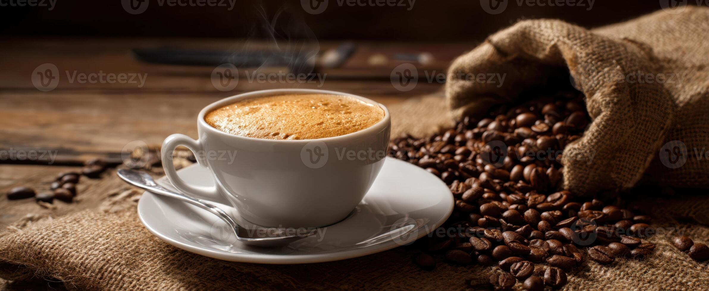 The aromatic coffee cup surrounded by freshly roasted beans on a rustic table. photo