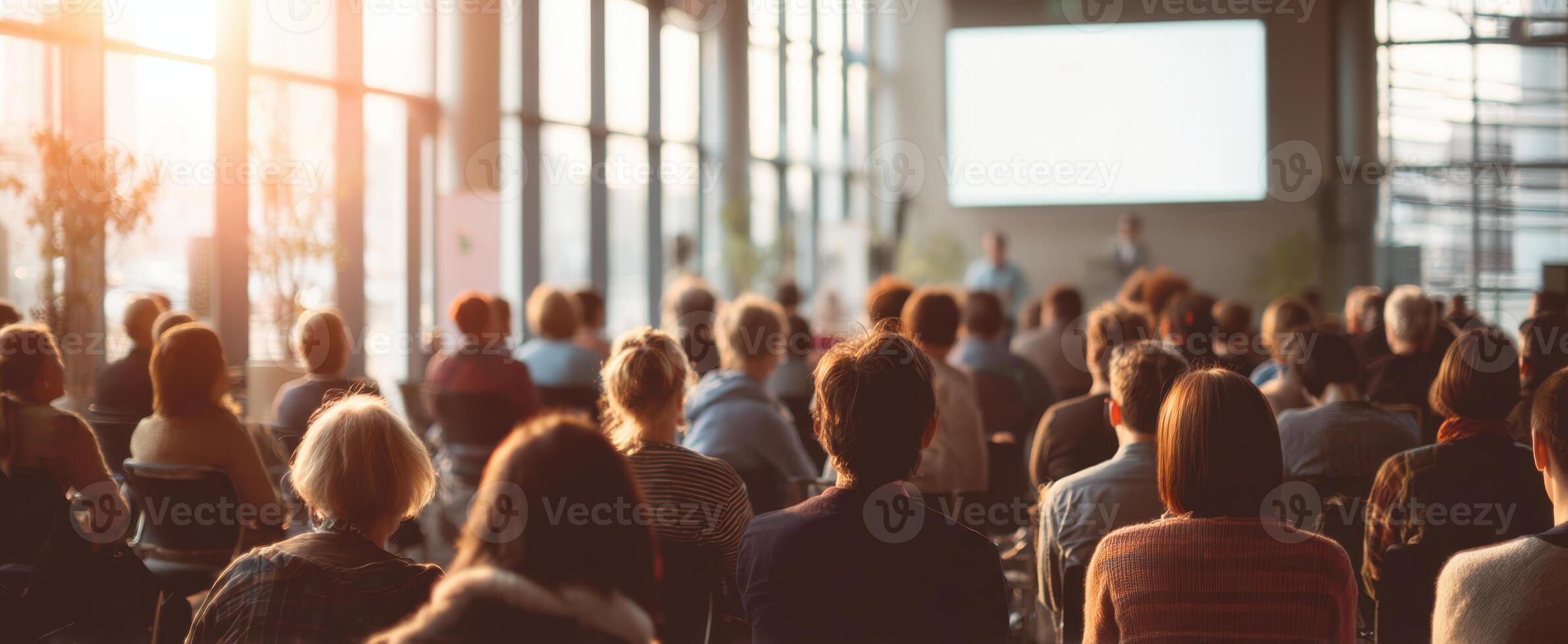 The audience engaged in a corporate presentation within a modern conference setting. photo
