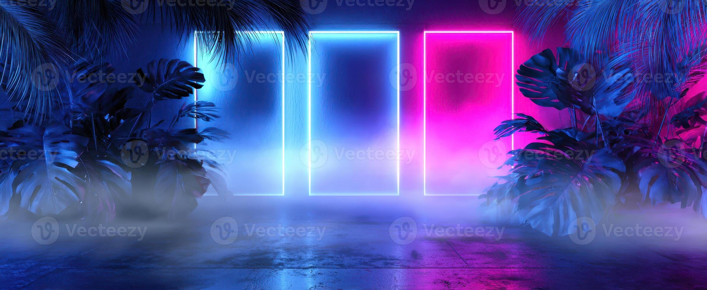 The vibrant neon-lit scene with glowing frames and tropical foliage. photo