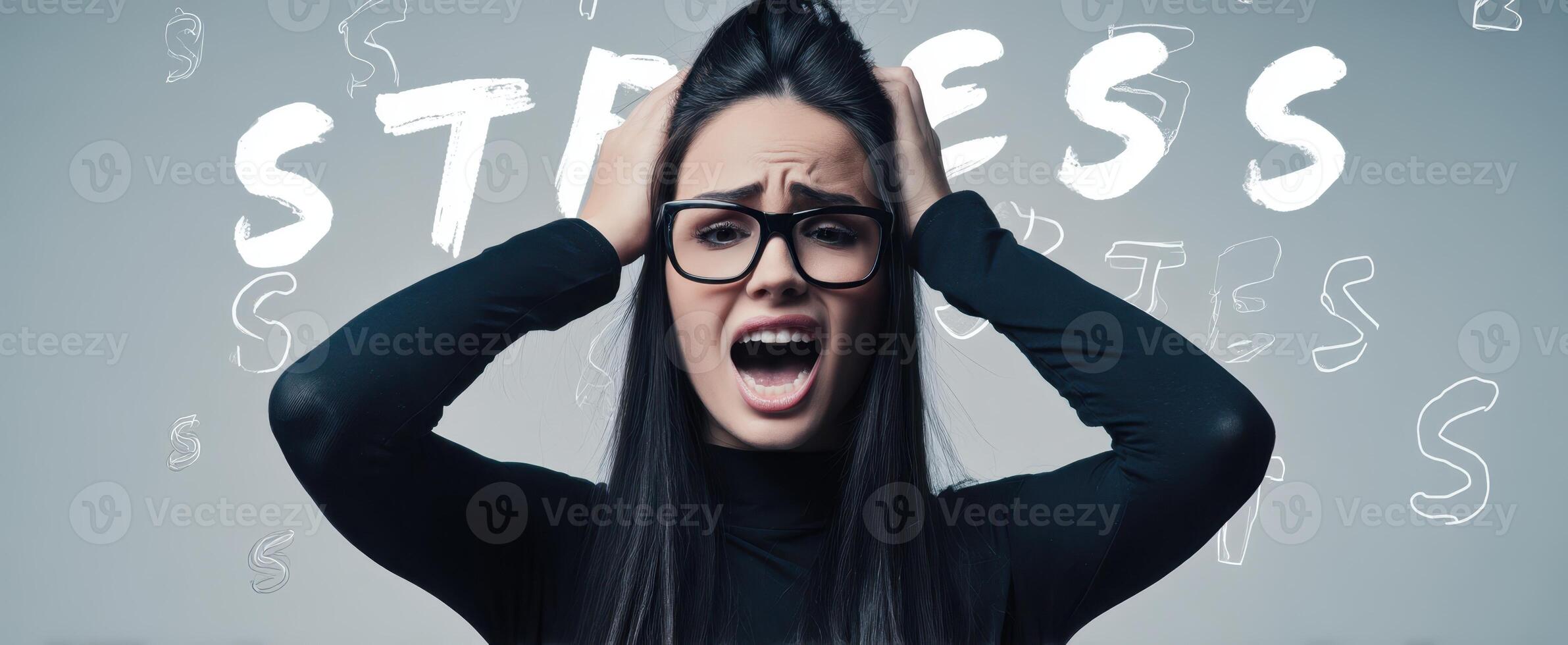 The woman expressing intense stress and frustration in a modern portrait. photo