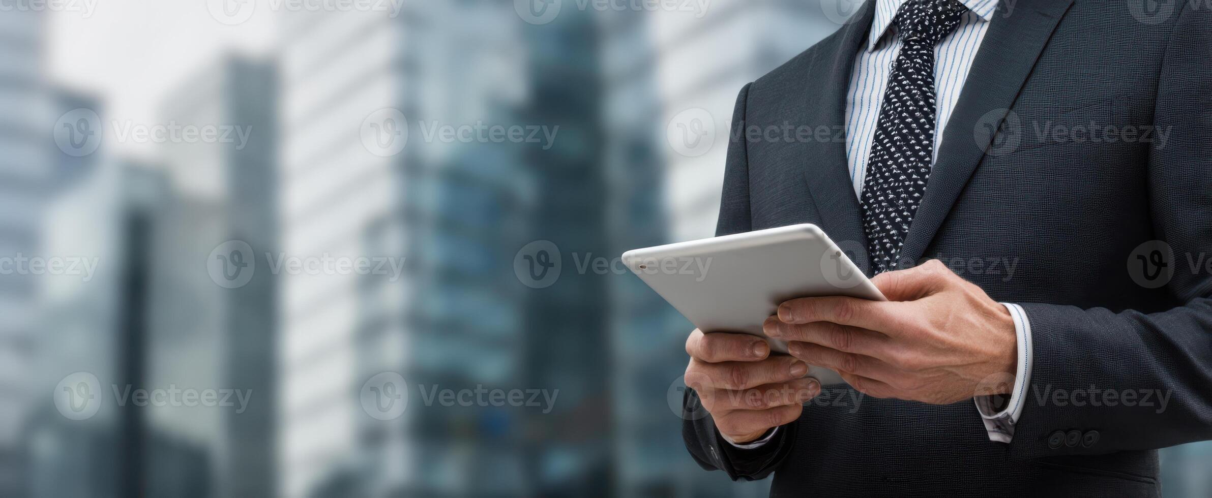 The businessman using a tablet in a modern urban environment for productivity. photo