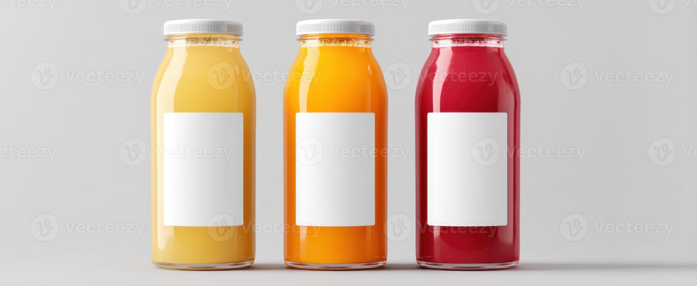 The colorful juice bottles showcasing fresh and vibrant beverages in a minimalist setting. photo