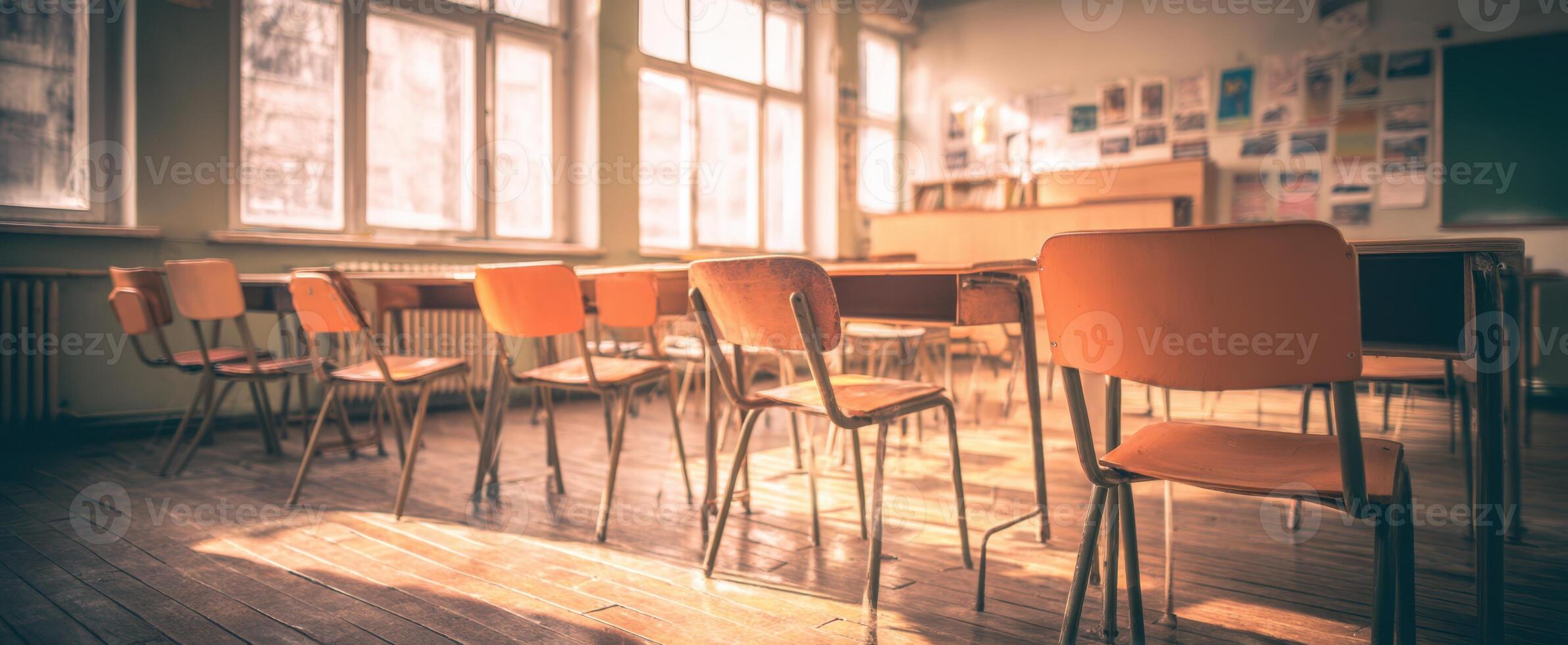 The empty classroom showcasing chairs and warm sunlight streaming in. photo