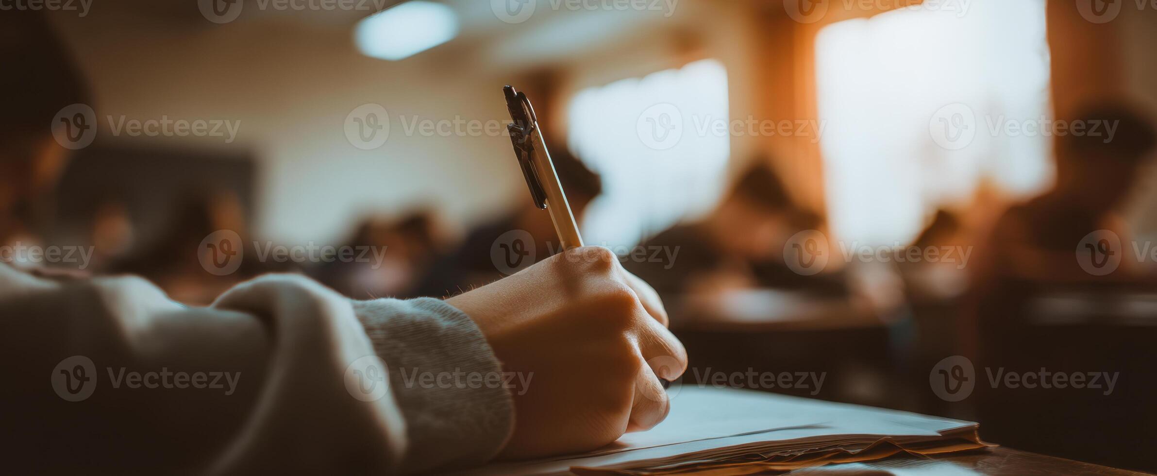 The student writing diligently during an examination in a quiet classroom setting. photo