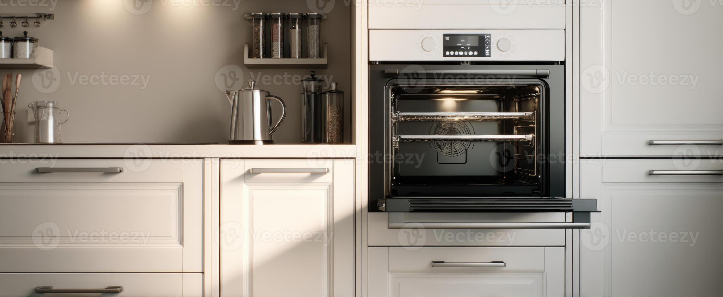 The modern kitchen featuring a sleek oven and elegant cabinetry. photo