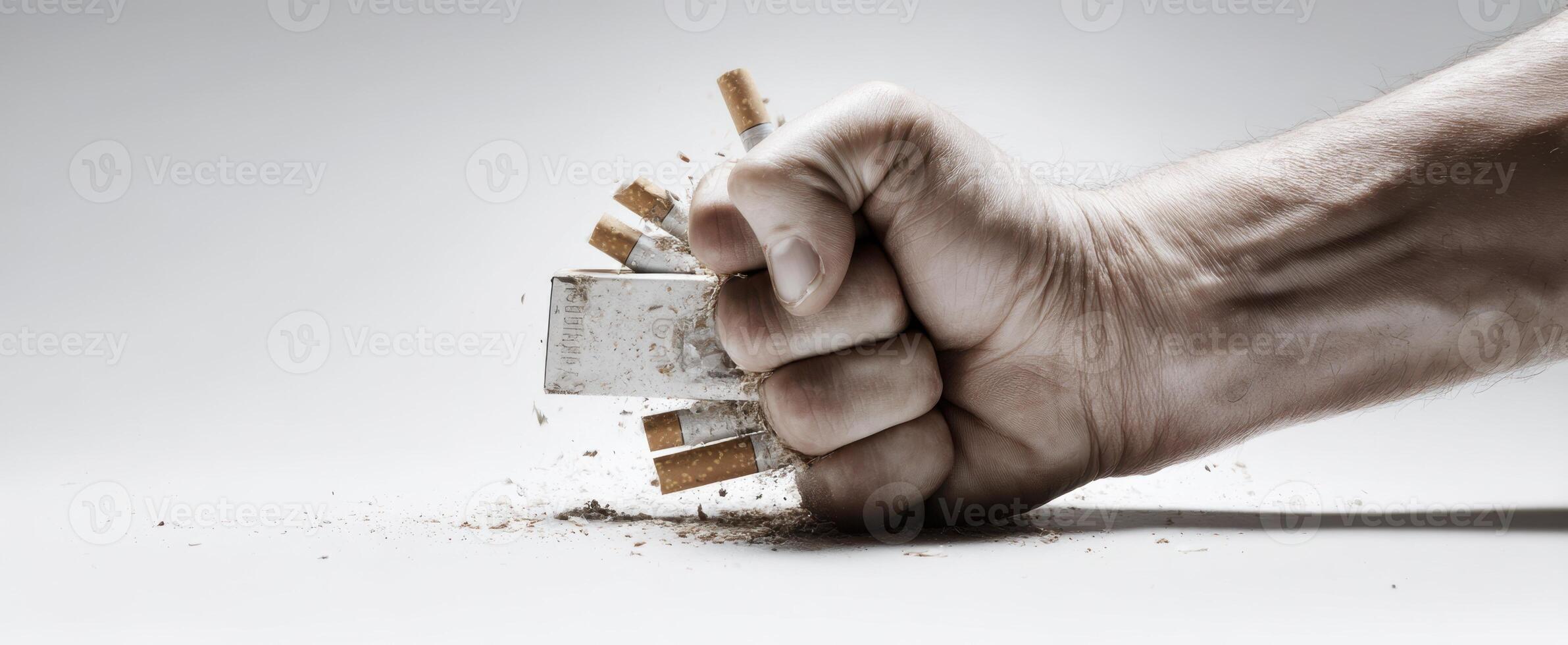 The fist crushing a pack of cigarettes symbolizes the fight against addiction. photo