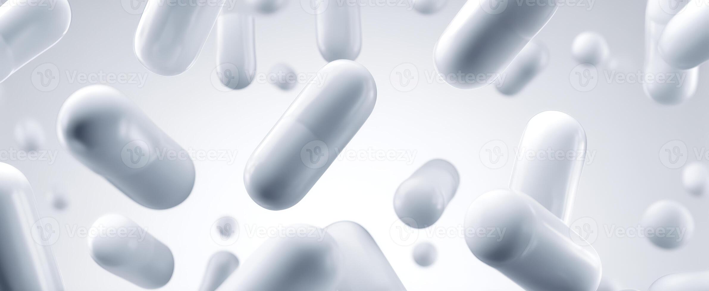 The white capsules floating in an abstract background for pharmaceuticals and health awareness. photo