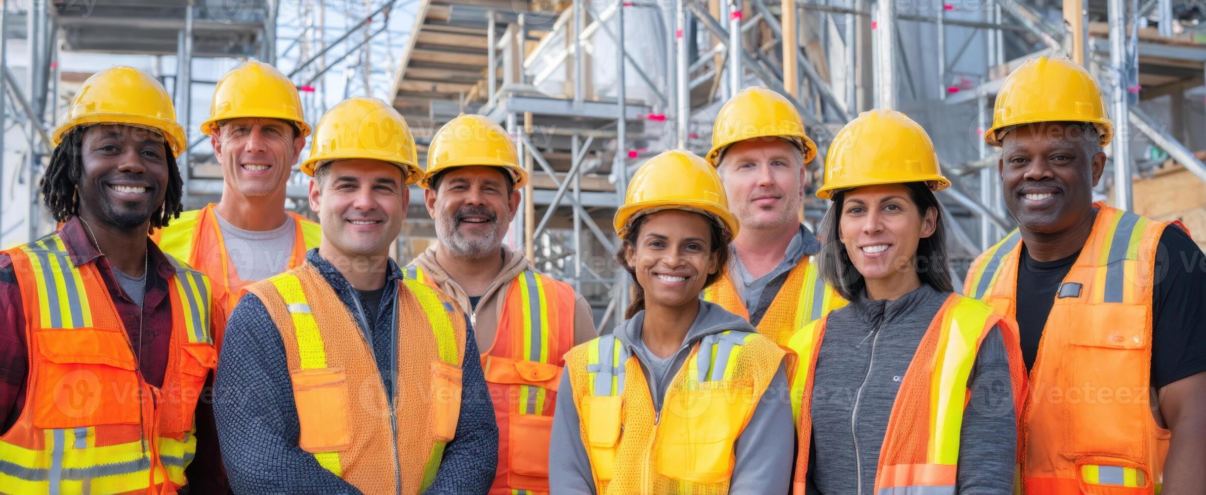 The team of diverse construction workers collaborating on a building site. photo
