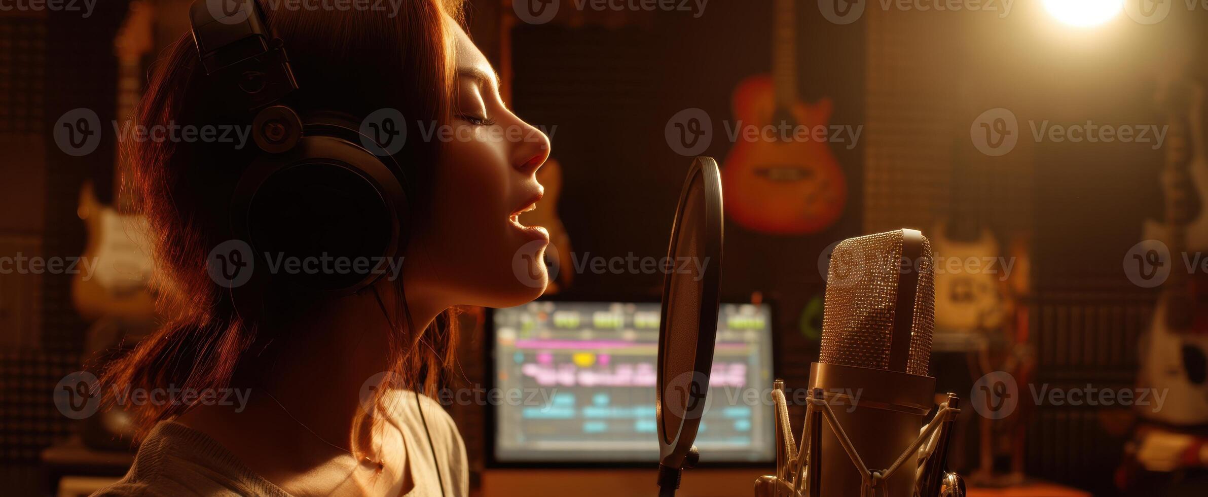 The passionate singer recording a captivating performance in a modern studio. photo