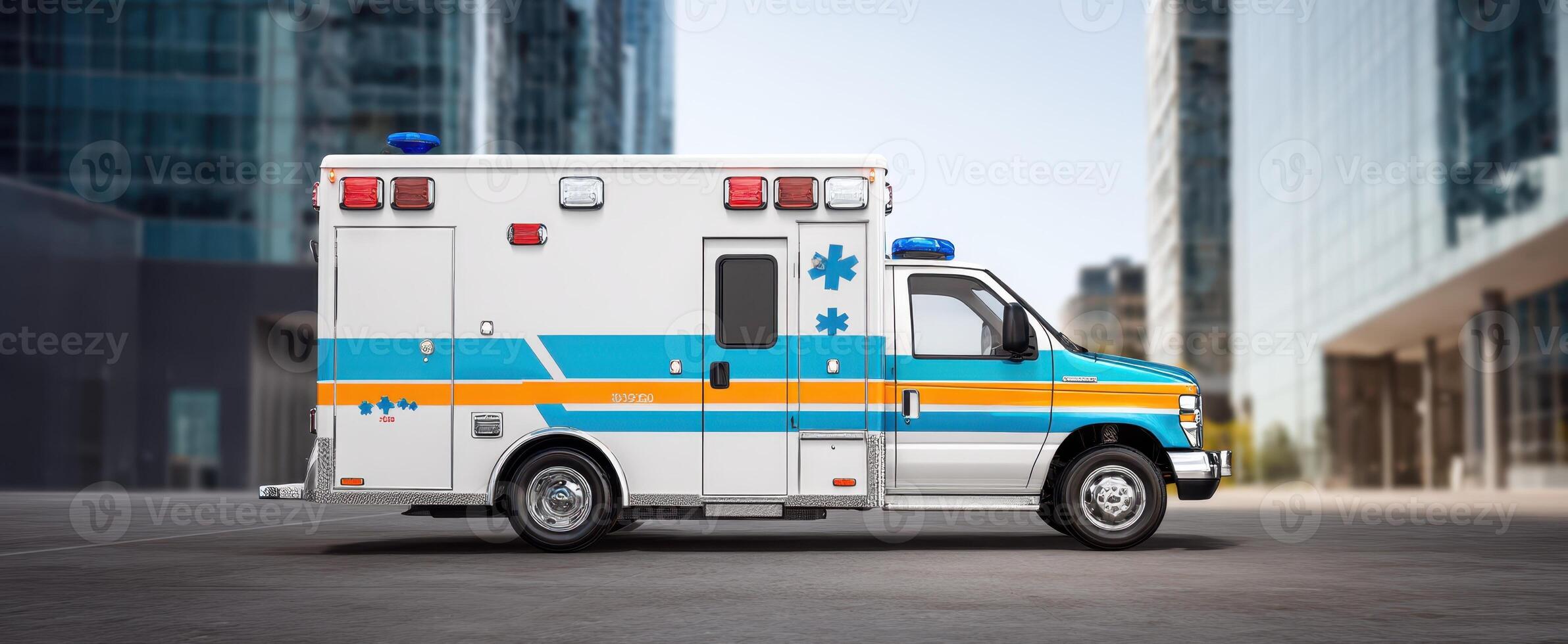 The ambulance parked in an urban environment with modern buildings in the backdrop. photo