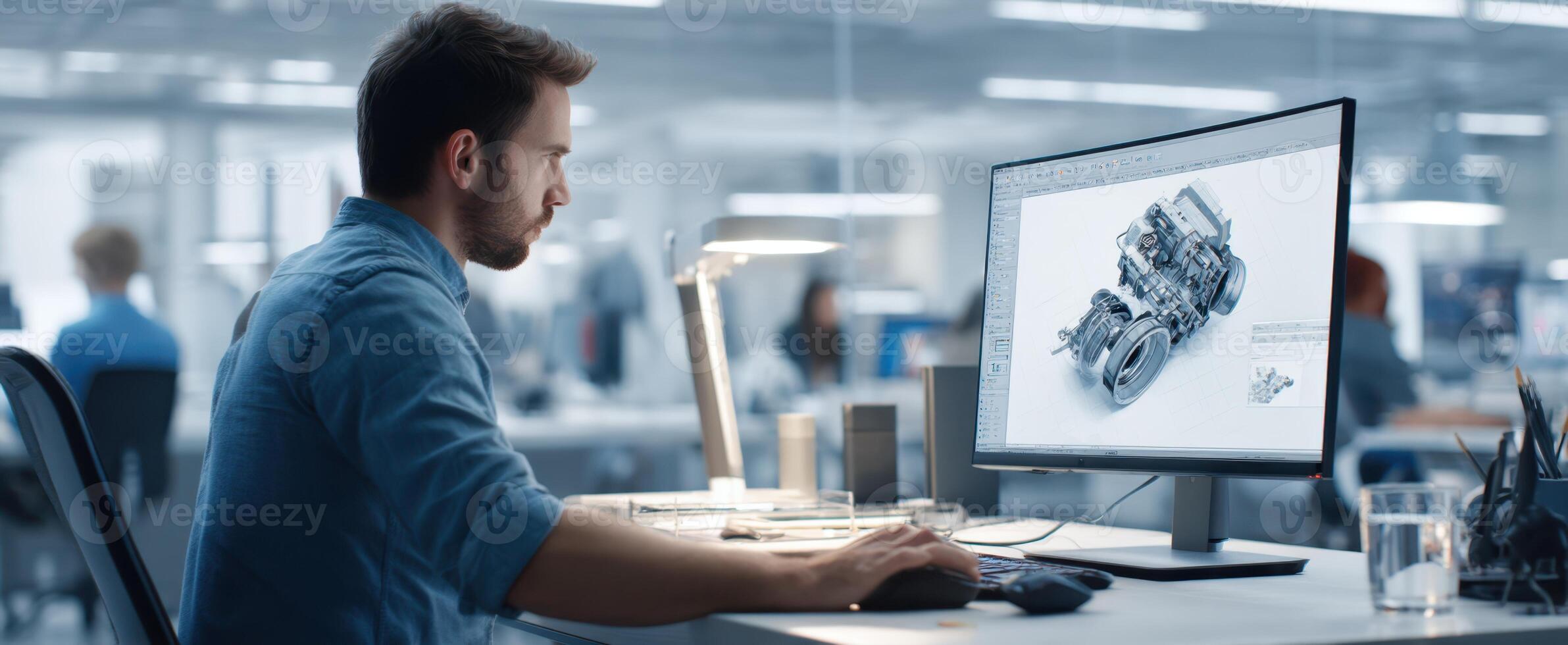 The engineer working on a detailed machinery design in a modern office environment. photo