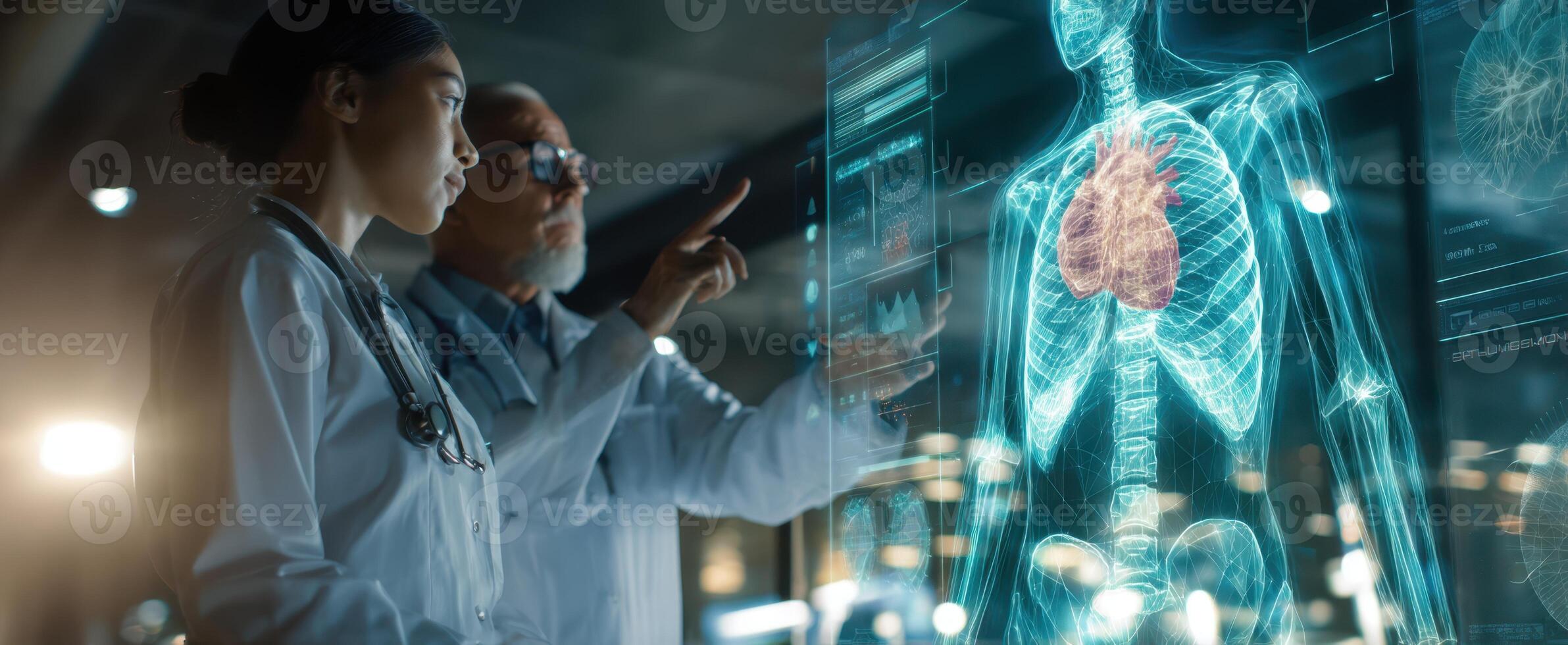 The doctors analyzing a holographic display of human anatomy during consultation. photo