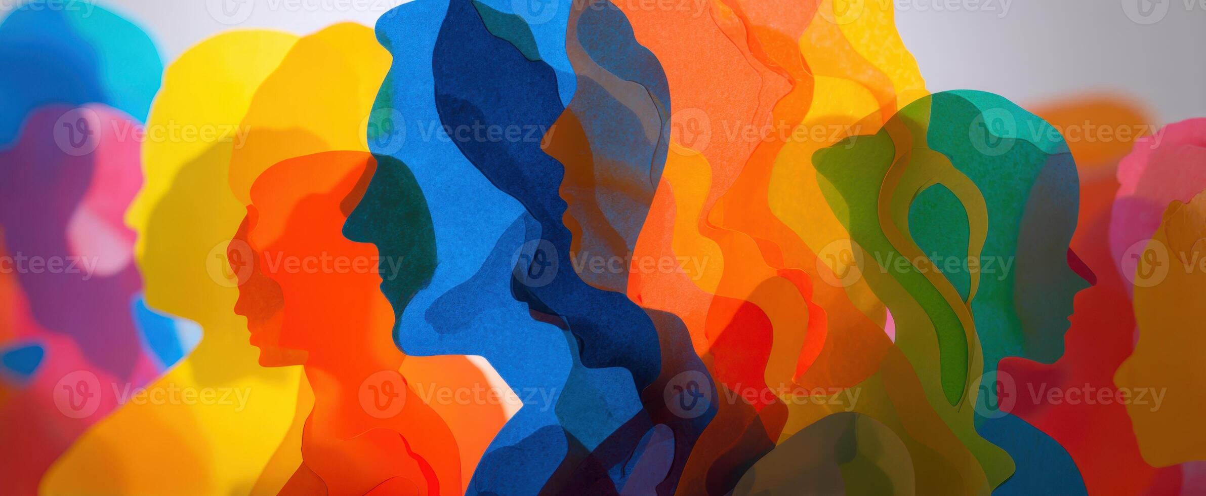 The vibrant fusion of colorful silhouettes representing diversity and creativity. photo