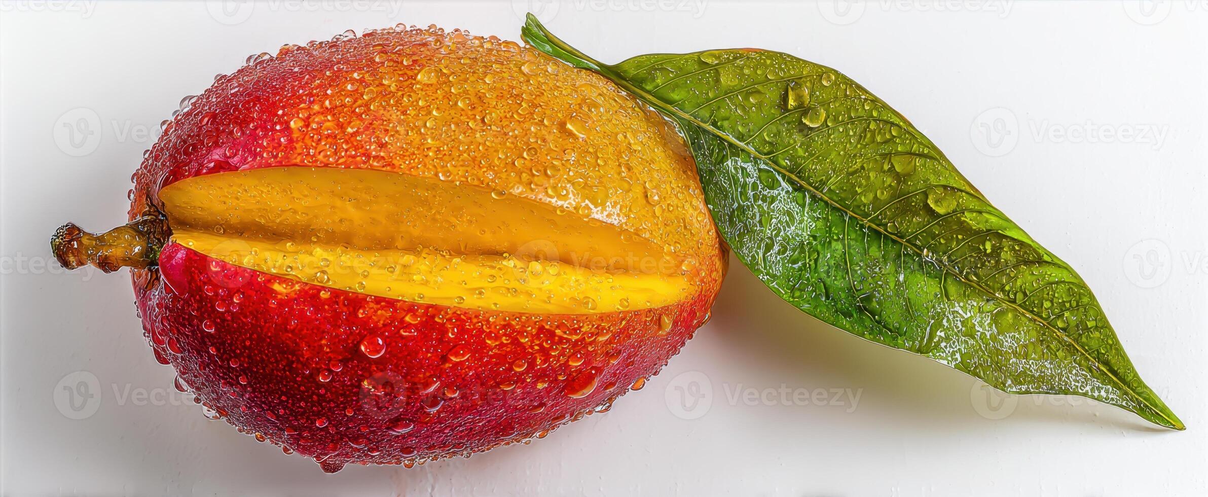 The fresh mango with water droplets and green leaf on a white background. photo