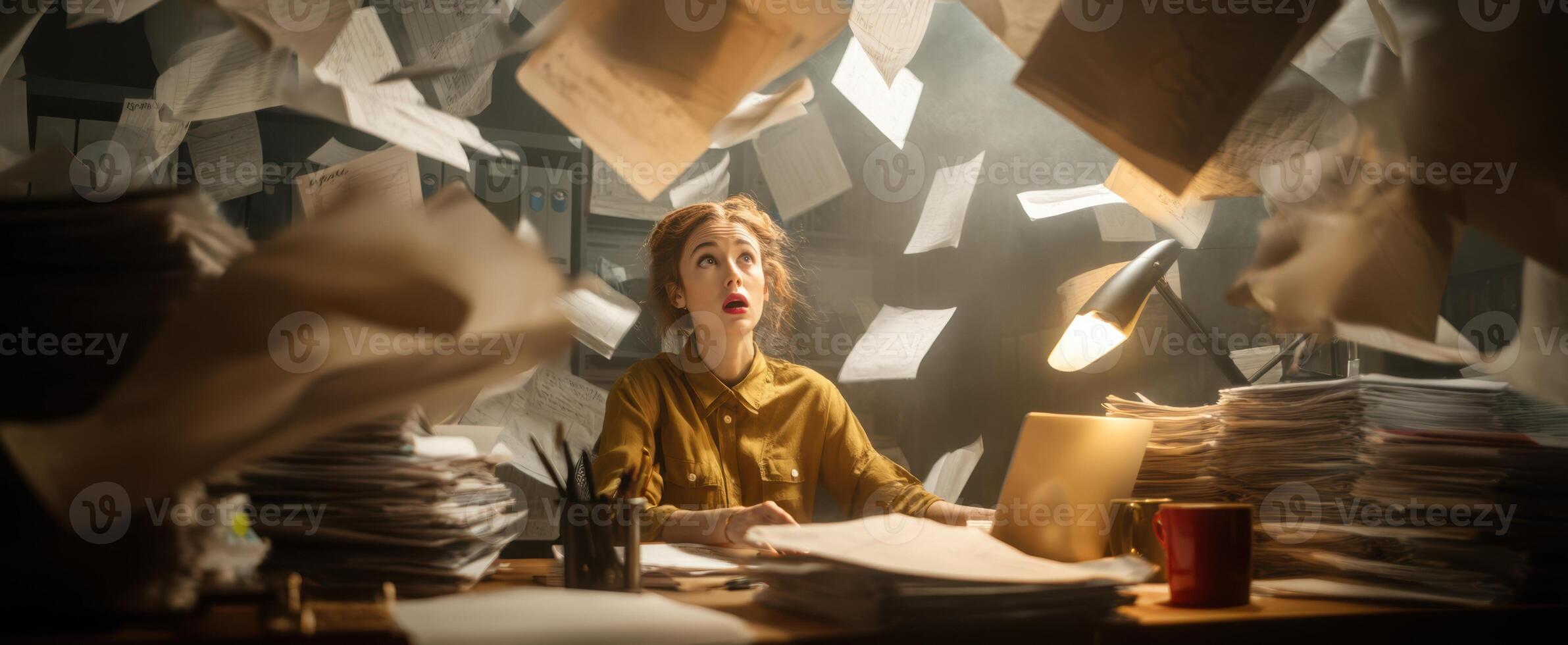 The overwhelmed woman in a chaotic office surrounded by flying papers photo