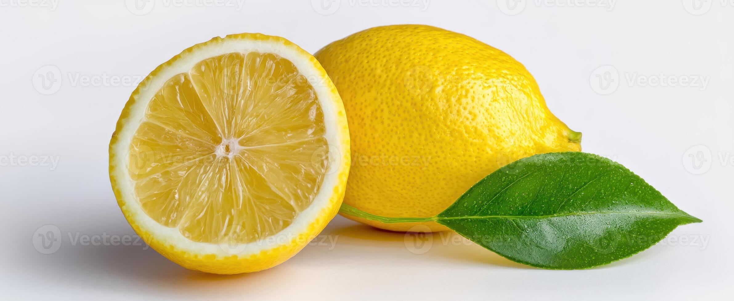 The Fresh Lemon with Slice and Leaf on a Bright Surface photo
