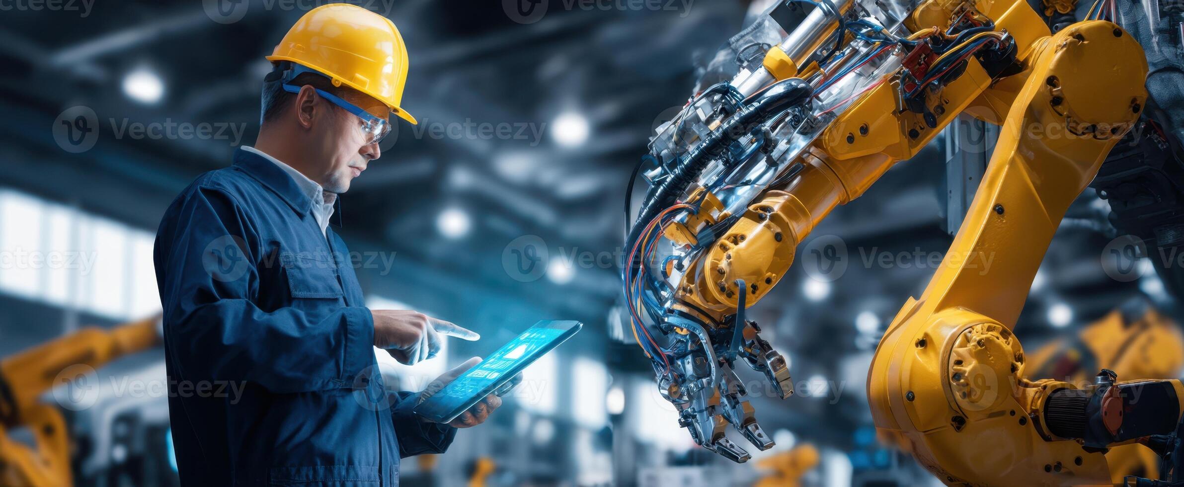 The engineer interacting with robotic arm in a modern industrial setting. photo