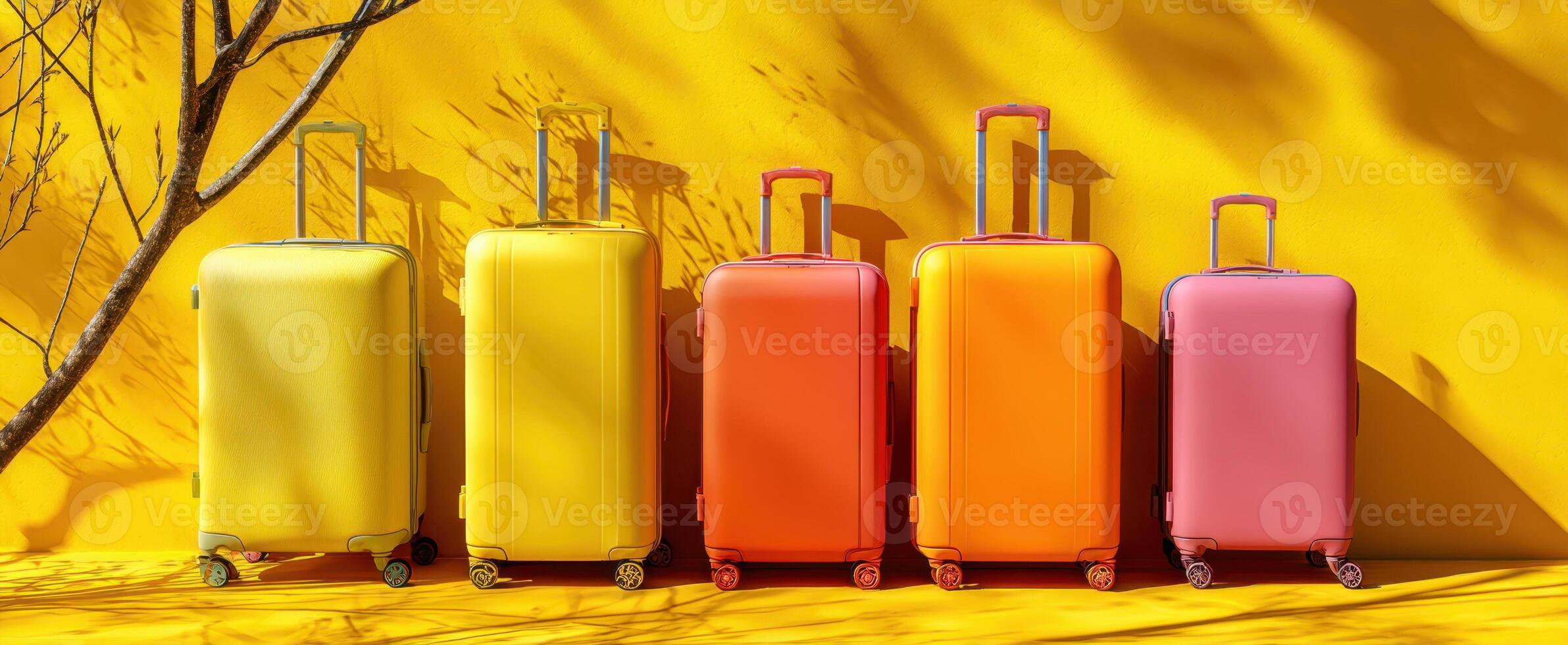 The vibrant collection of colorful suitcases against a sunny yellow background photo
