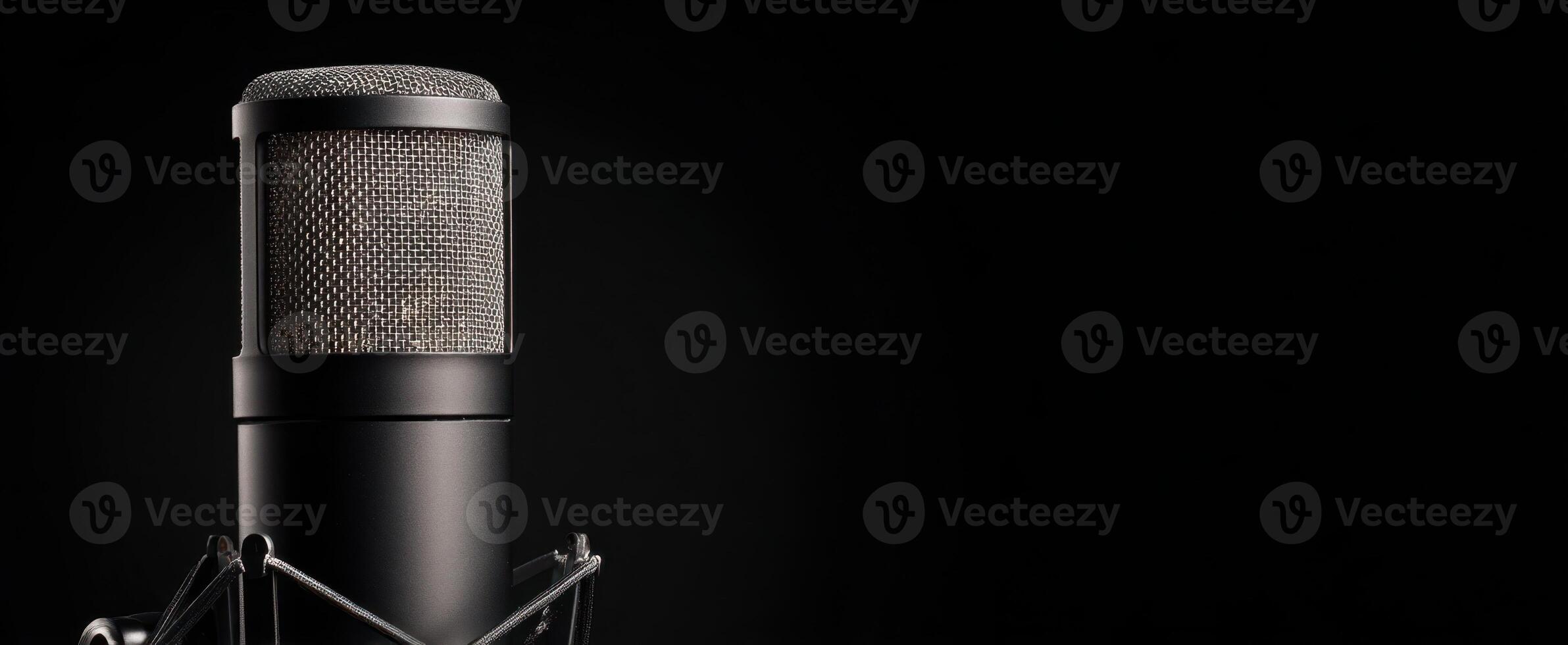 The microphone stands ready for a powerful vocal performance in a studio. photo
