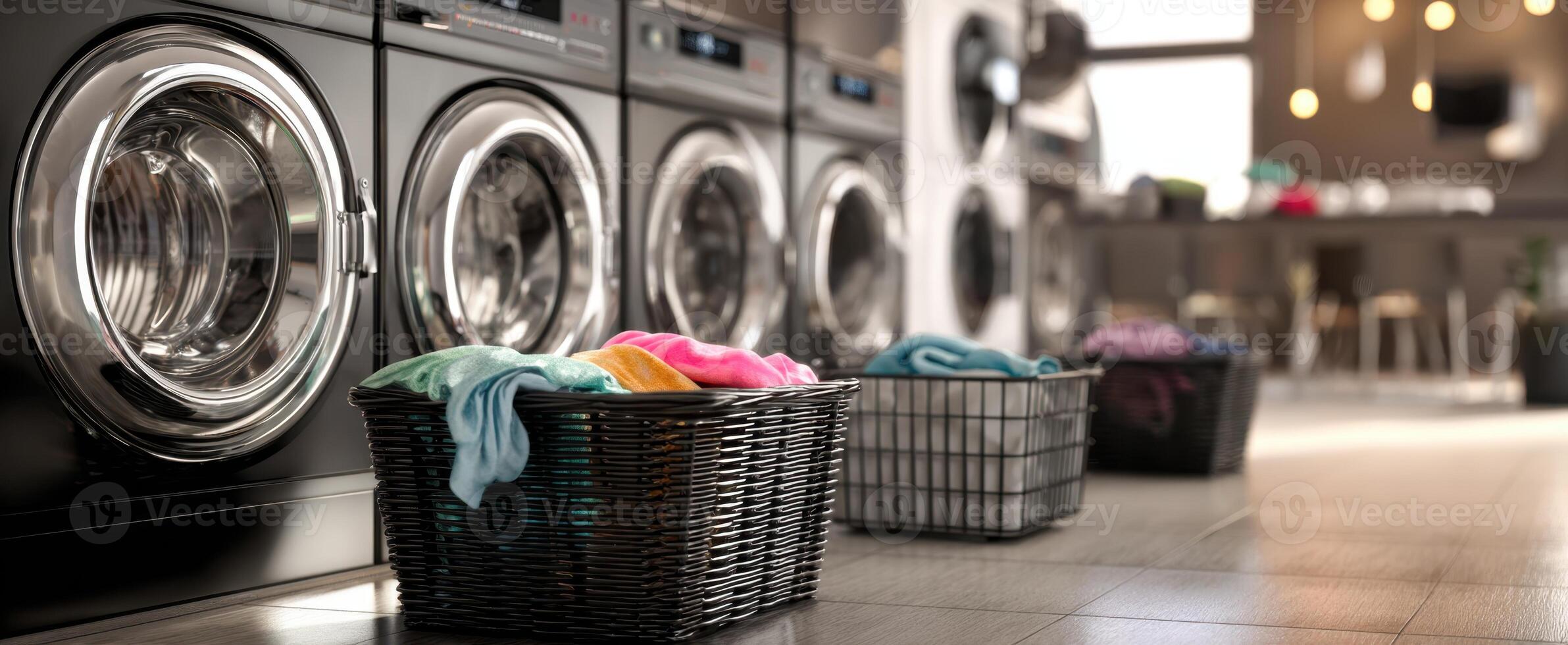The modern laundry room featuring sleek machines and colorful textile baskets. photo
