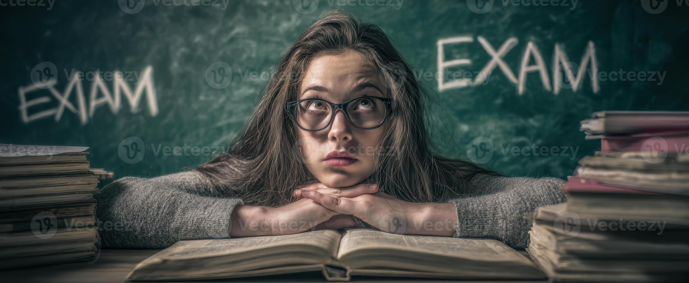The student feeling overwhelmed while studying for an important exam photo