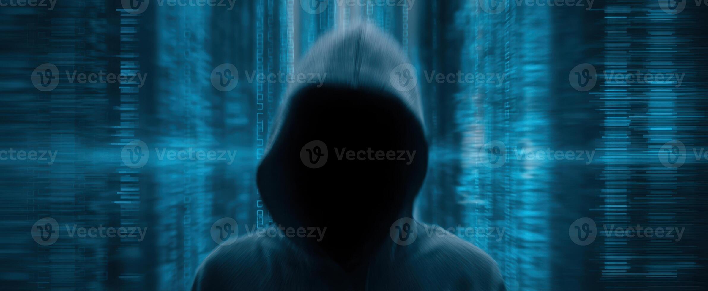 The enigmatic figure cloaked in darkness amidst a digital landscape photo
