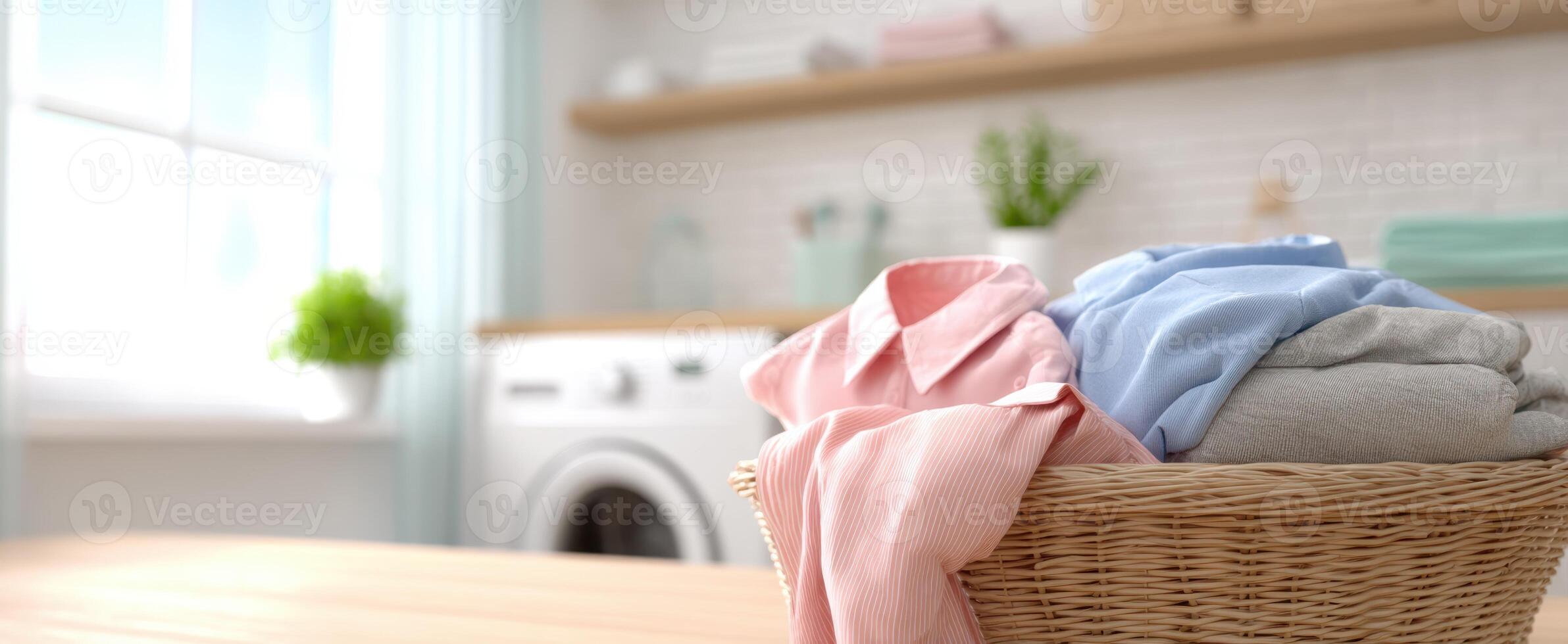 The basket filled with freshly cleaned clothes in a cozy laundry room. photo