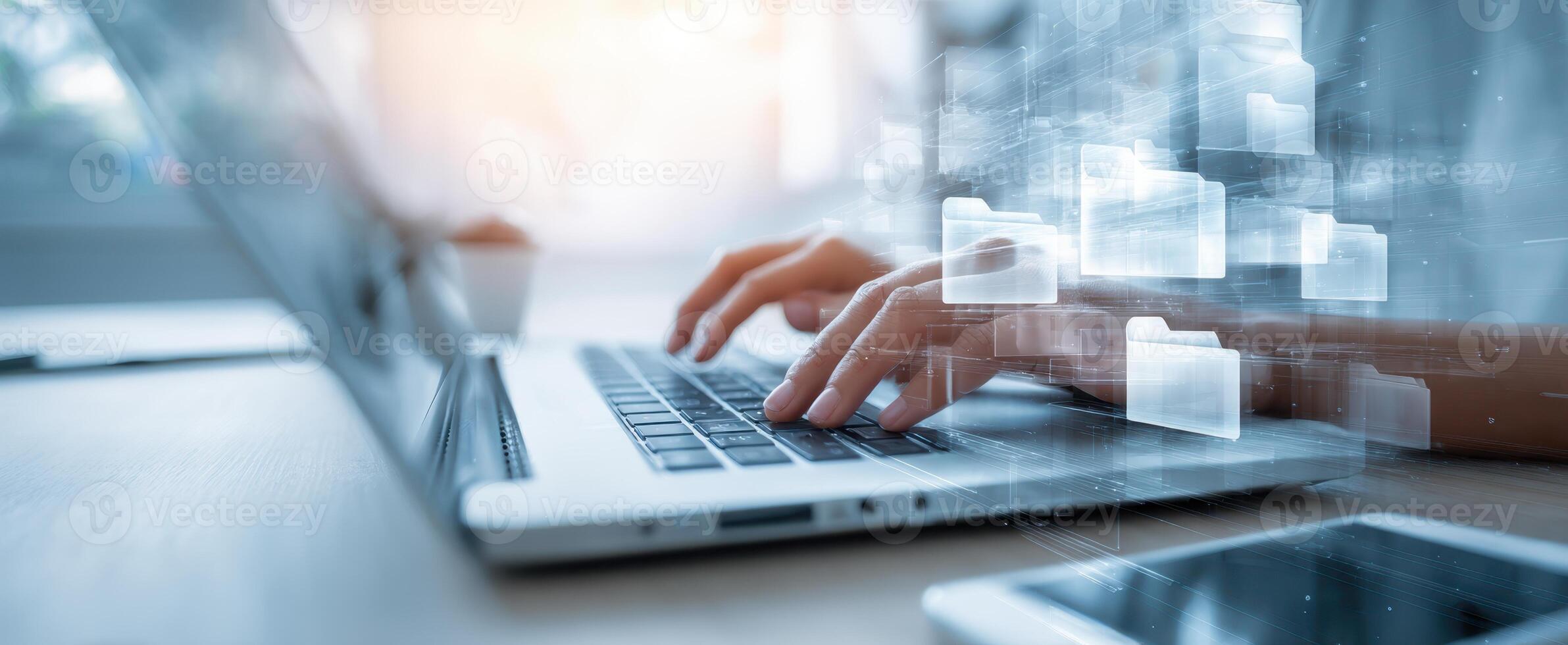 The seamless interaction of technology and data management in the digital workspace. photo