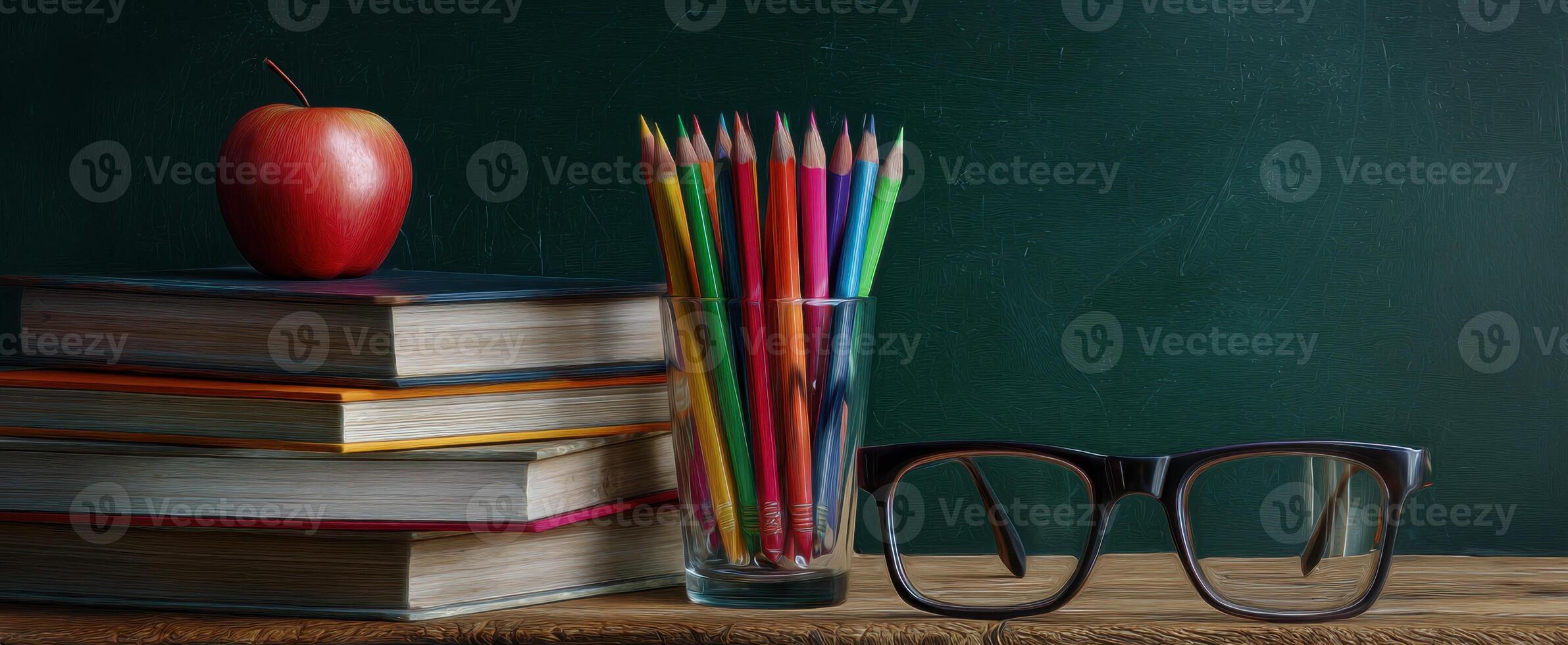 The vibrant classroom essentials featuring books, pencils, and an apple. photo