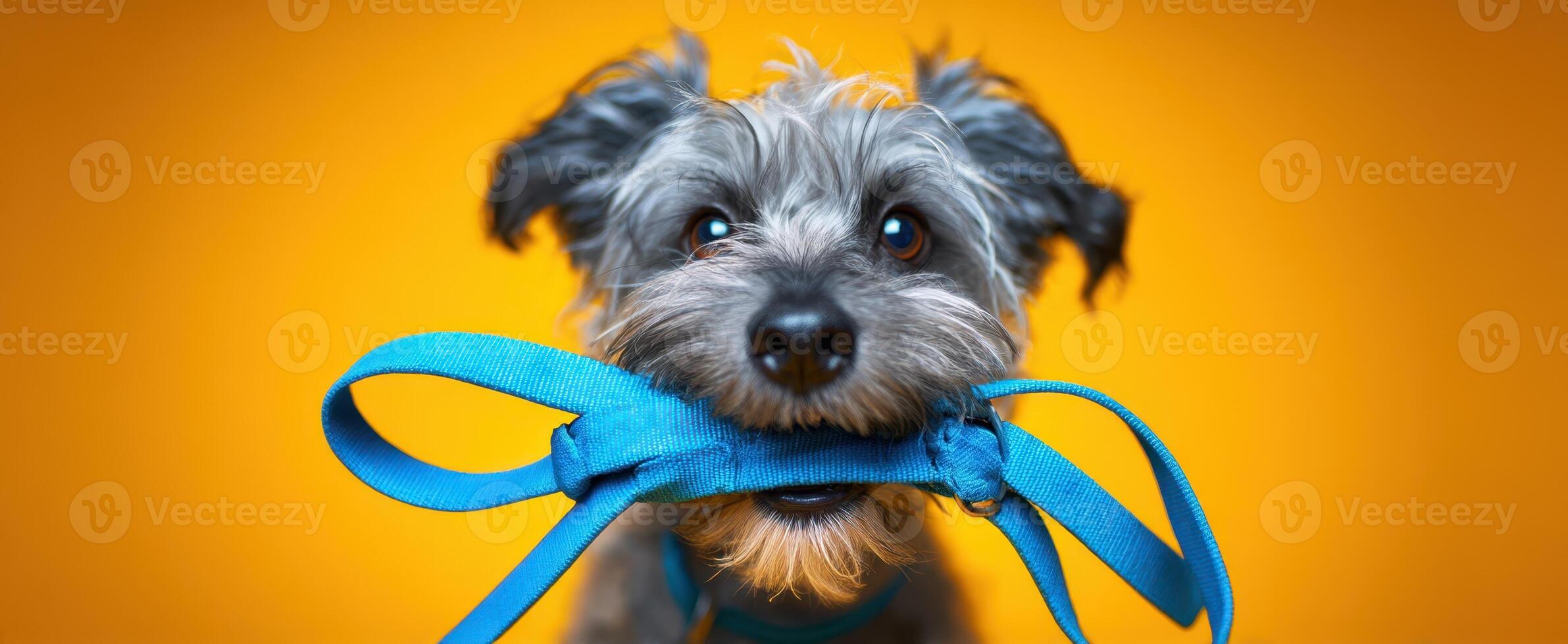 The playful puppy holding a blue ribbon in its mouth against a vibrant background. photo