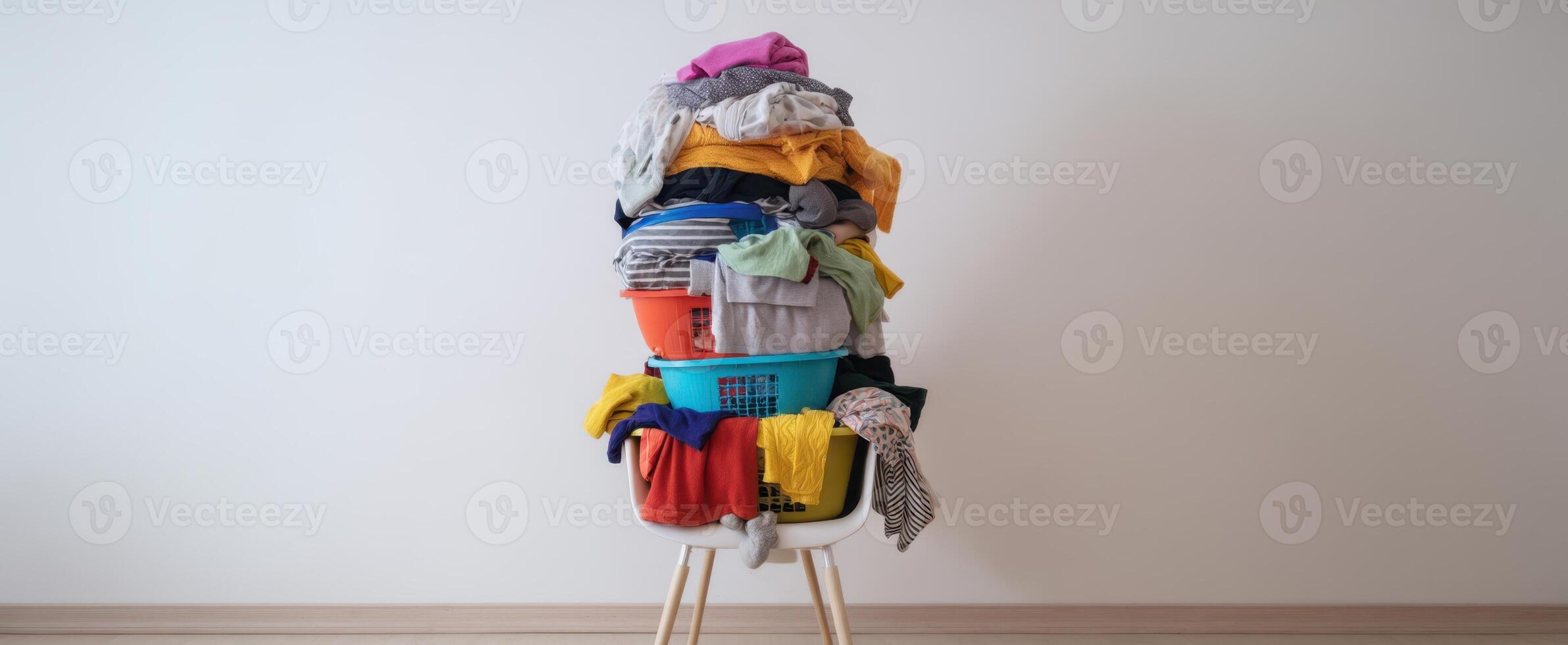 The tall pile of colorful laundry baskets stacked in a modern home. photo