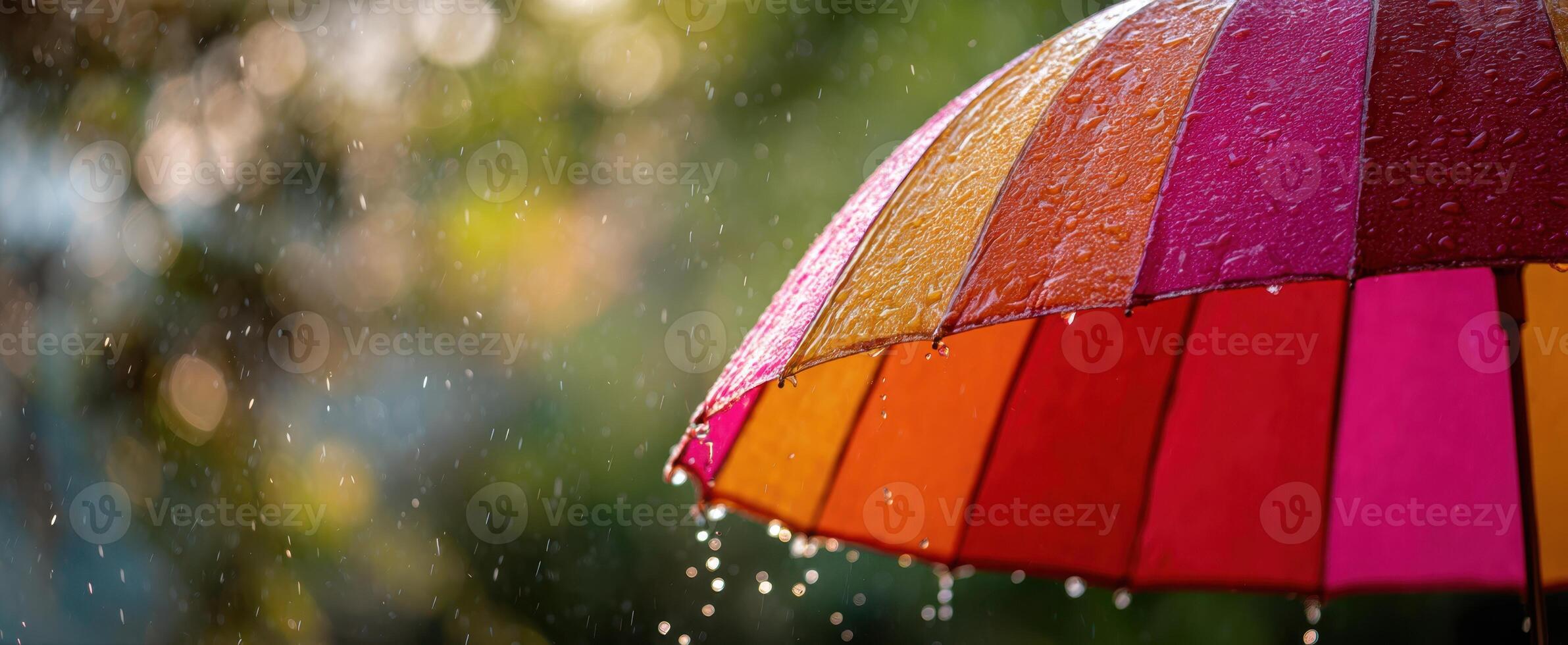 The Colorful Umbrella Reflects Rain Droplets in a Delightful Outdoor Scene photo