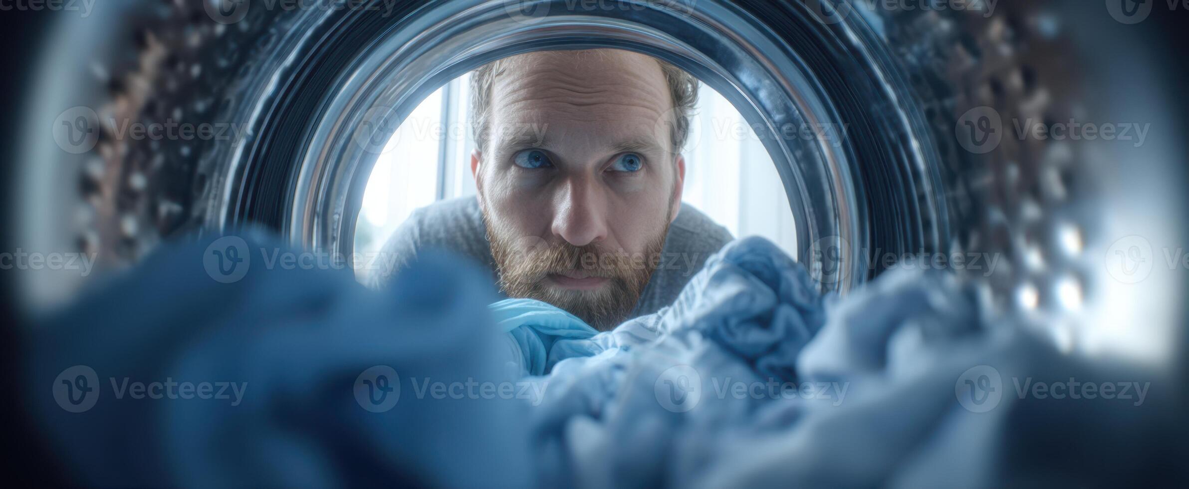The man looking inside a washing machine filled with clean laundry. photo