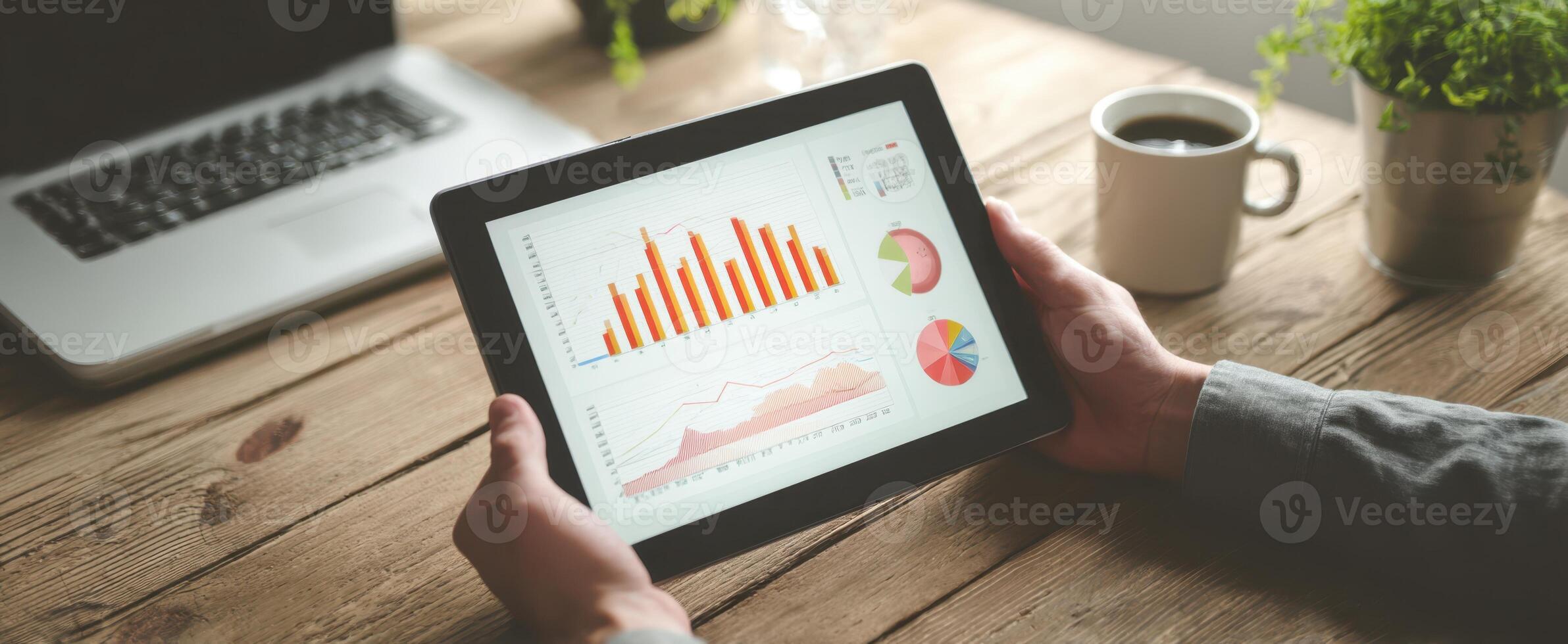 The tablet displaying interactive graphs and charts for business analysis and insights. photo