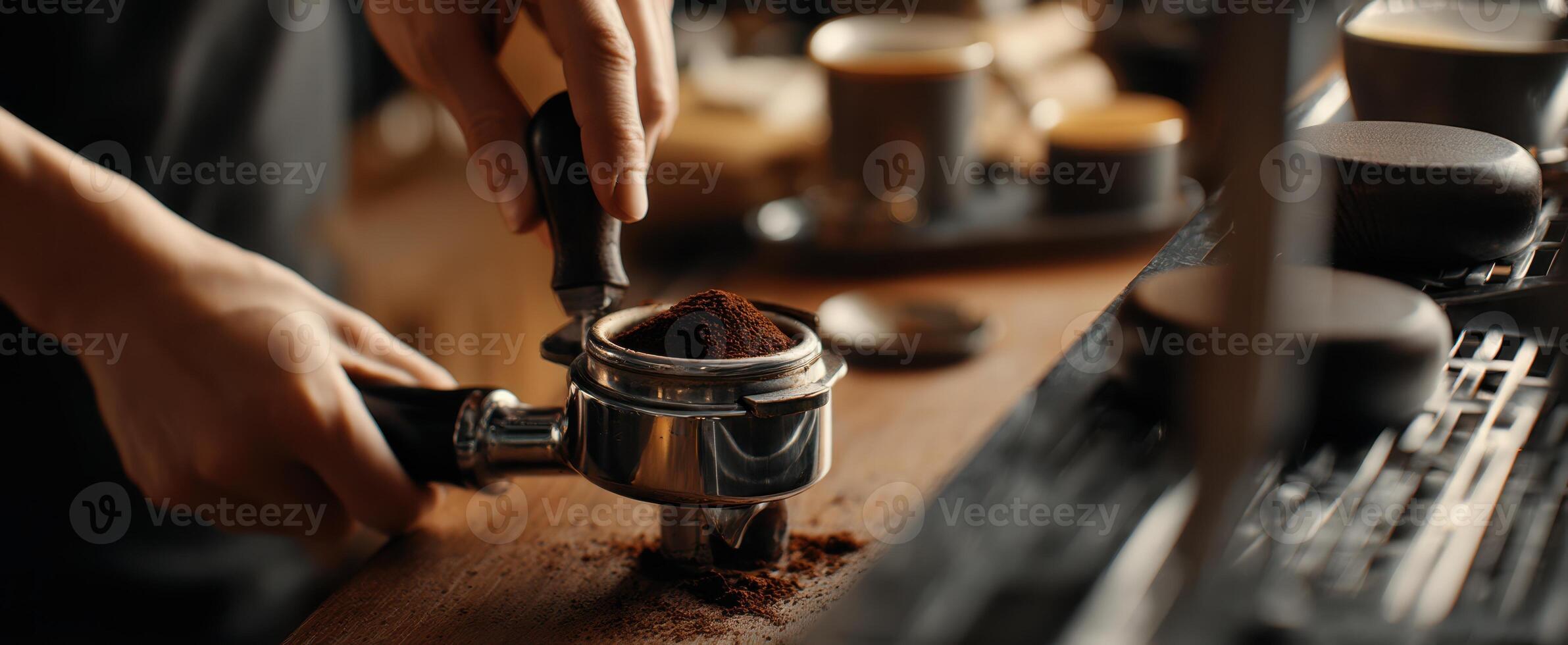 The expert barista preparing fresh espresso in a stylish coffee shop setting. photo