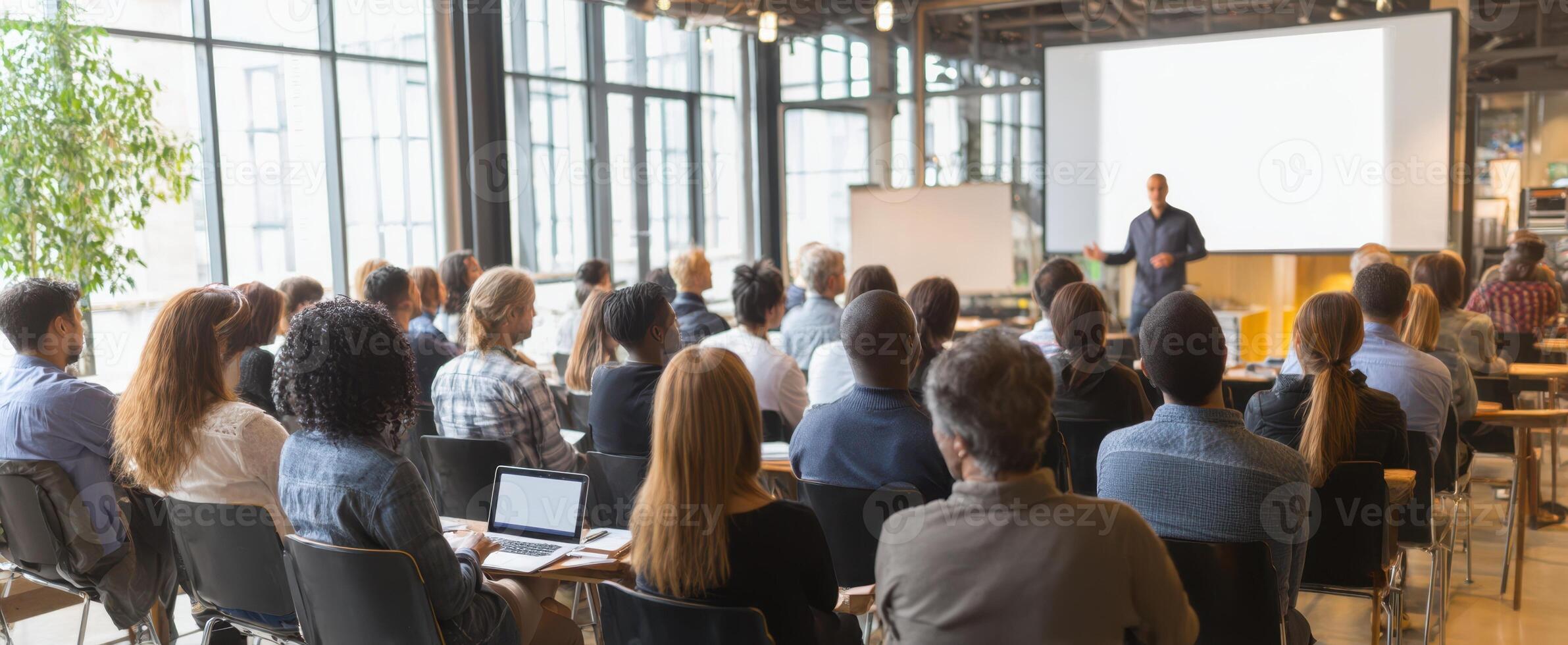 The audience engaged in a professional presentation at a modern conference venue. photo
