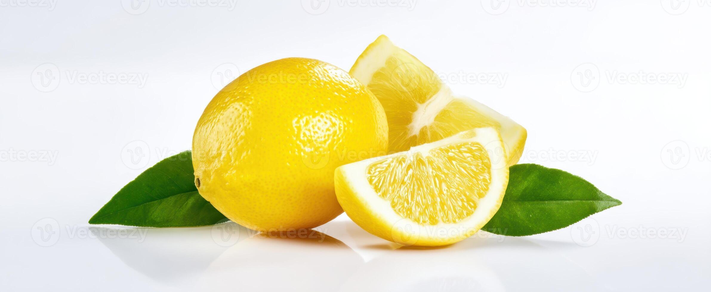 The fresh lemon with slices and green leaves on a white background. photo