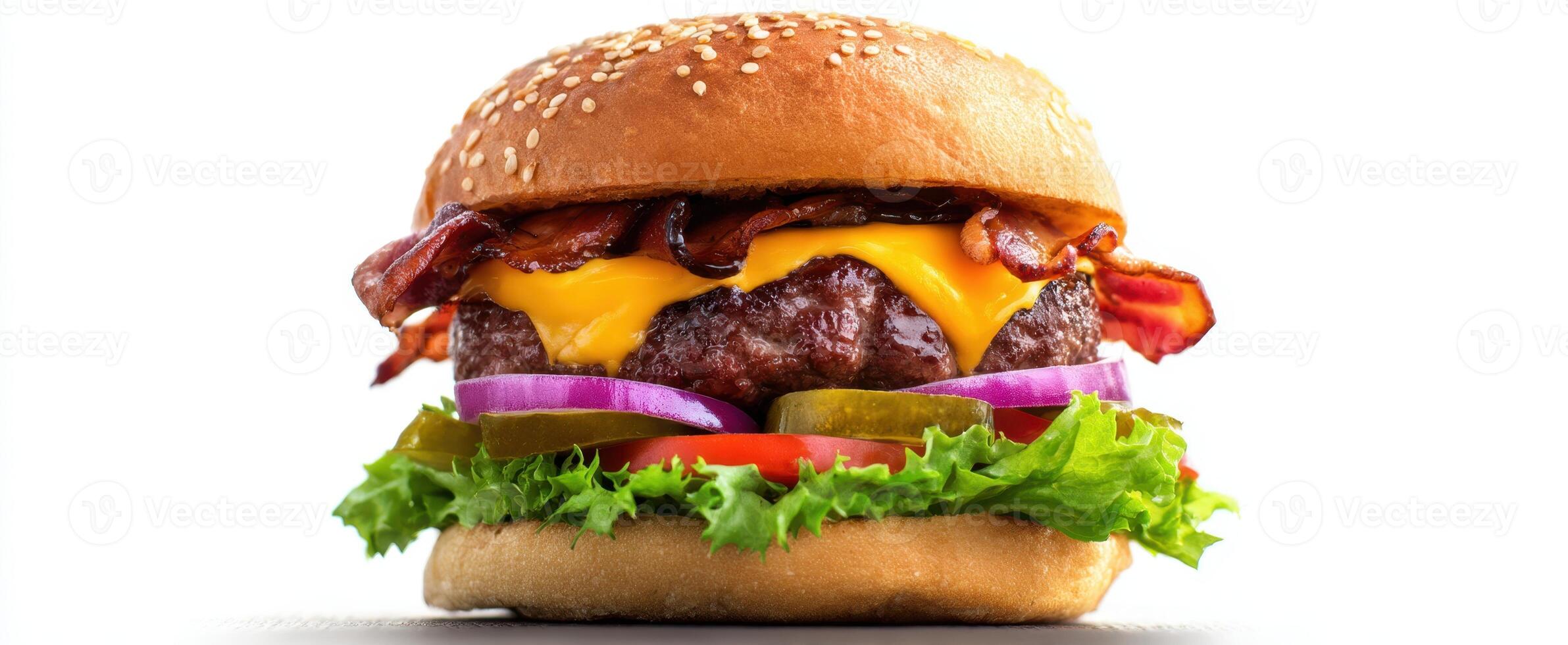 The delicious cheeseburger with bacon, lettuce, and vibrant toppings in focus. photo