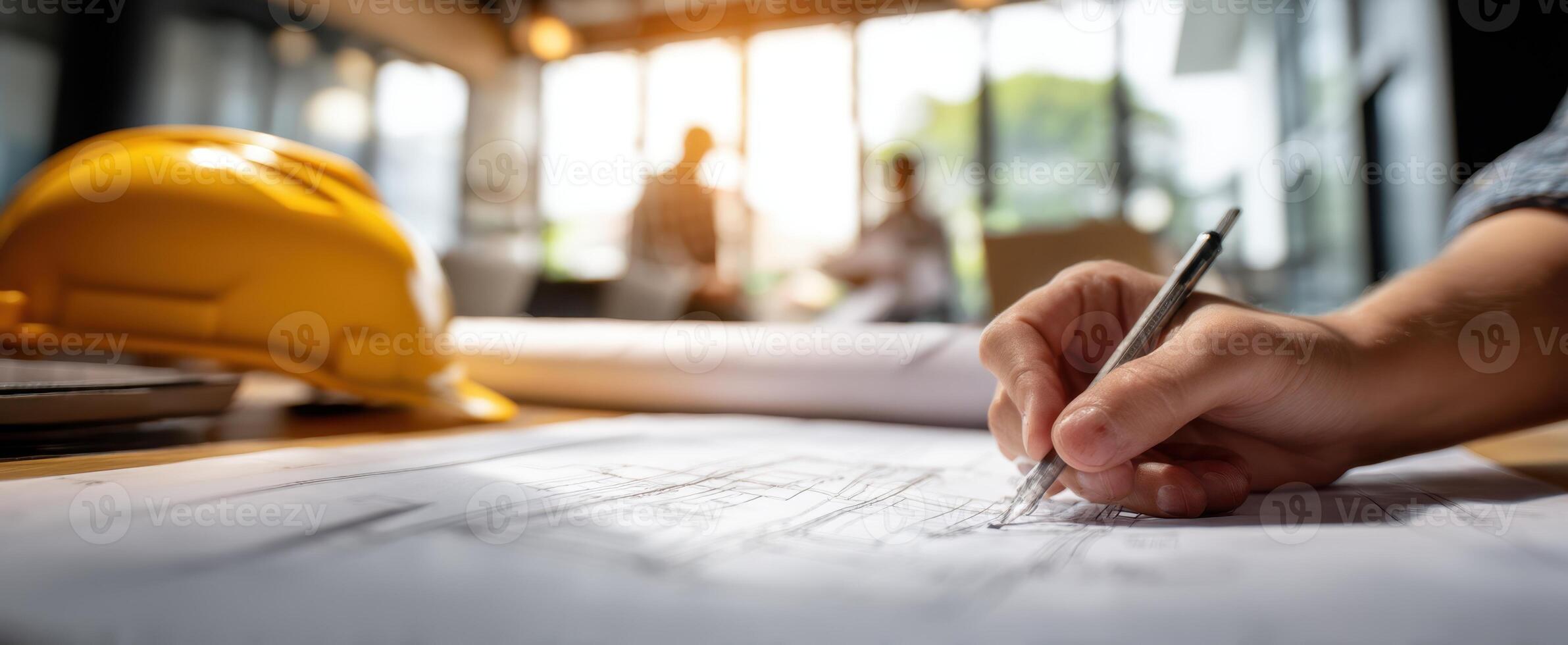 The architect's hand sketching a blueprint in a collaborative workspace. photo