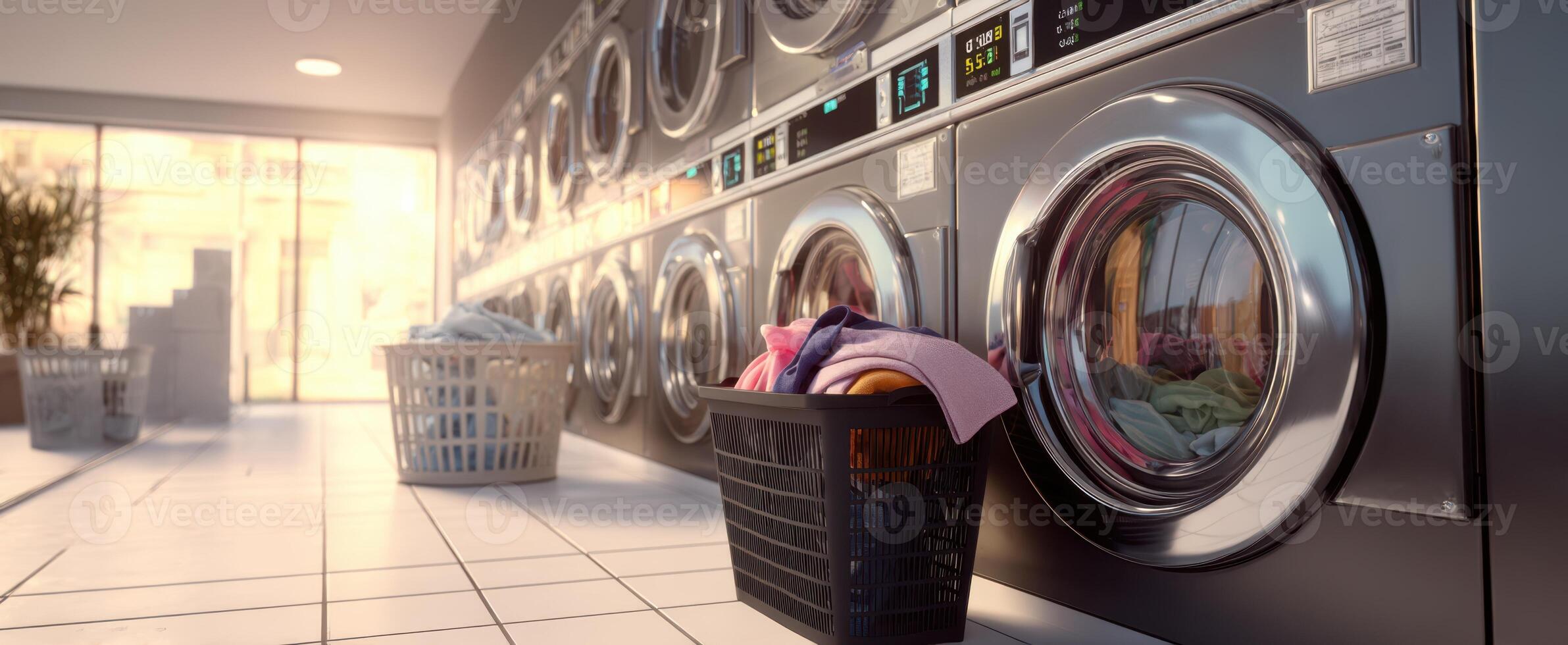 The vibrant laundry room with modern machines and neatly organized baskets. photo