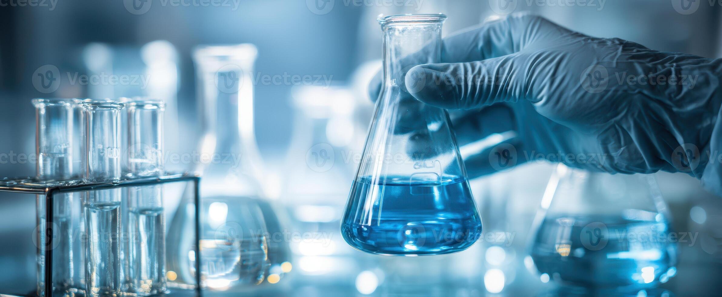 The laboratory technician holding a blue liquid flask in a science environment. photo
