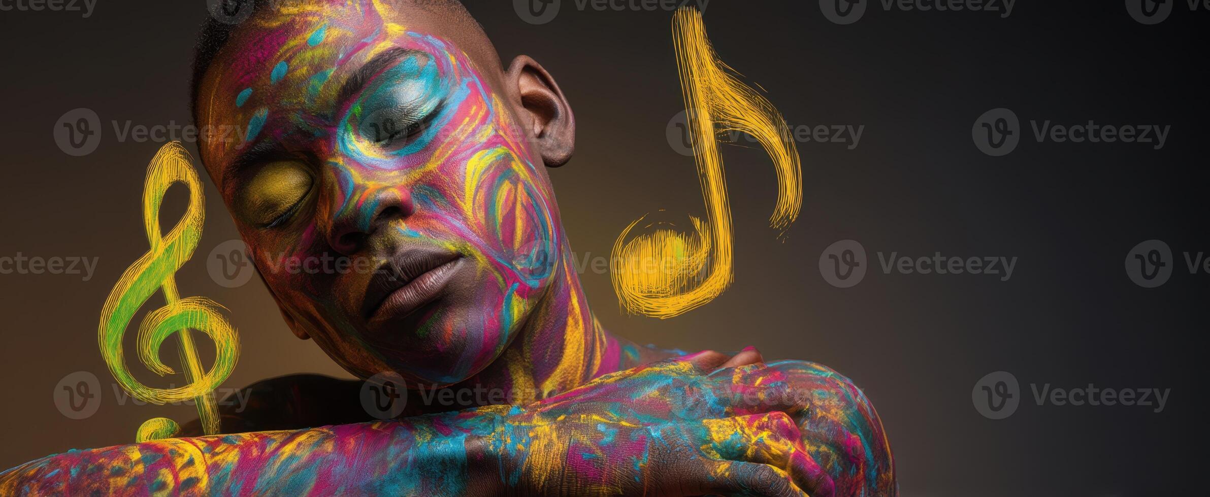 The colorful portrait of a person with musical notes and vibrant face paint. photo