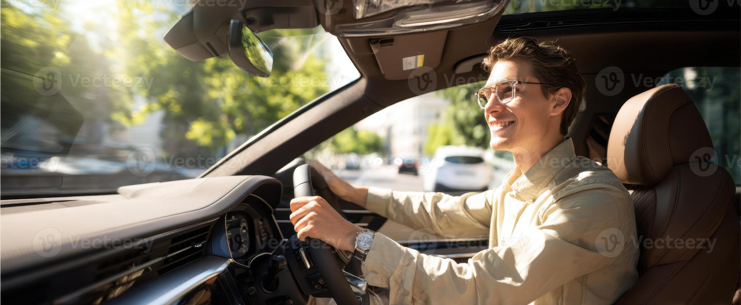 The happy young man enjoying a drive in a modern luxury car. photo