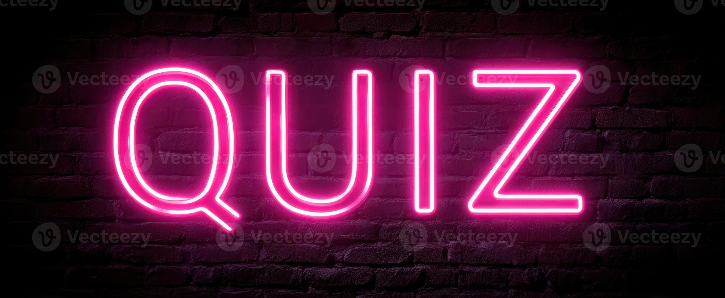 The Neon Quiz Sign against a Dark Brick Background. photo