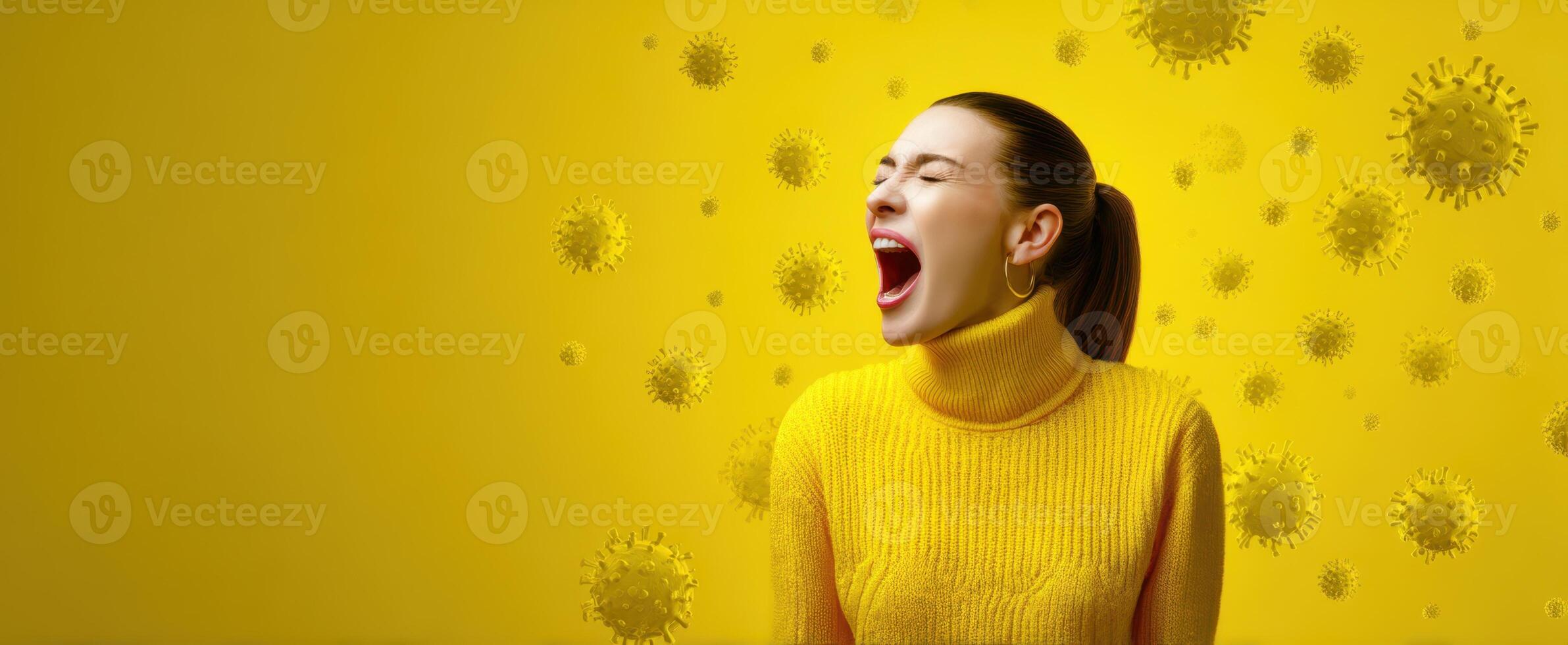The woman expressing frustration amidst floating virus illustrations in a yellow background. photo