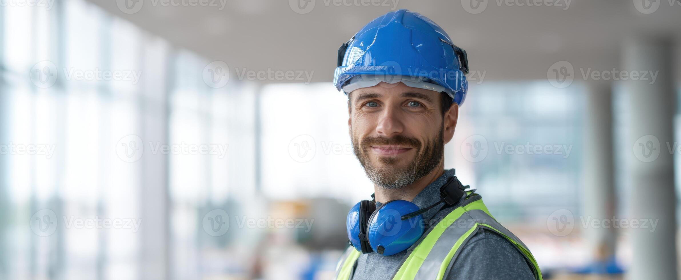 The smiling construction worker wearing a blue helmet and safety vest in an interior setting. photo
