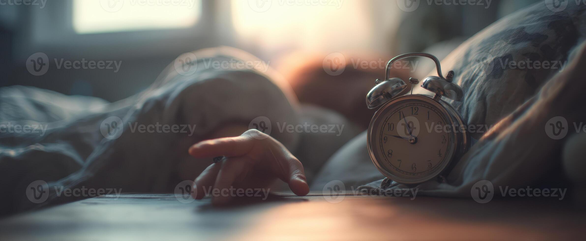 The Alarm Clock Beside a Sleeping Person in a Cozy Bedroom Scene photo