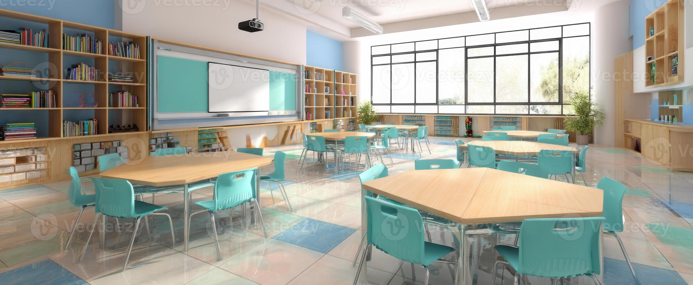 The modern classroom featuring vibrant furniture and ample natural light. photo