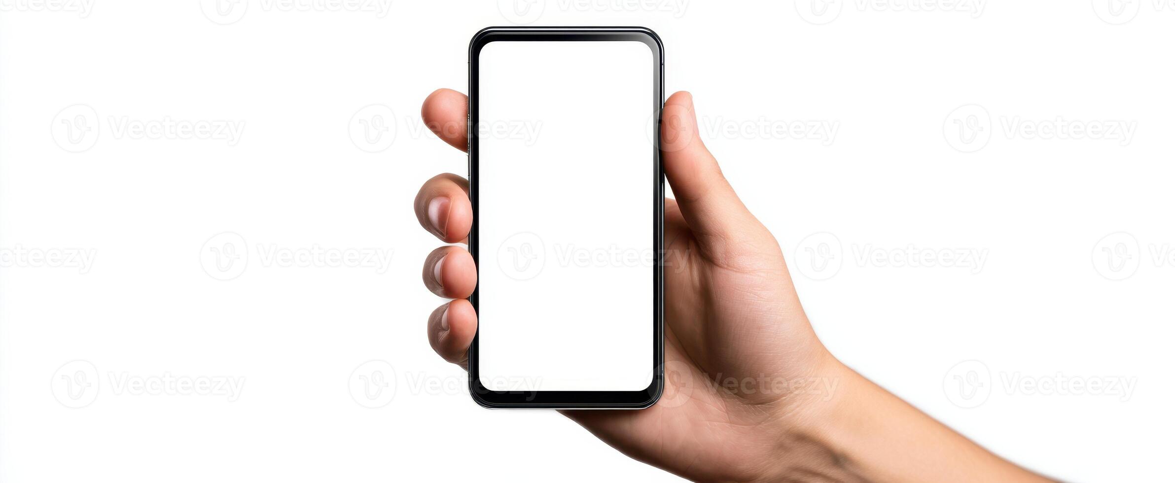The smartphone held in a hand ready for customization or messaging display. photo